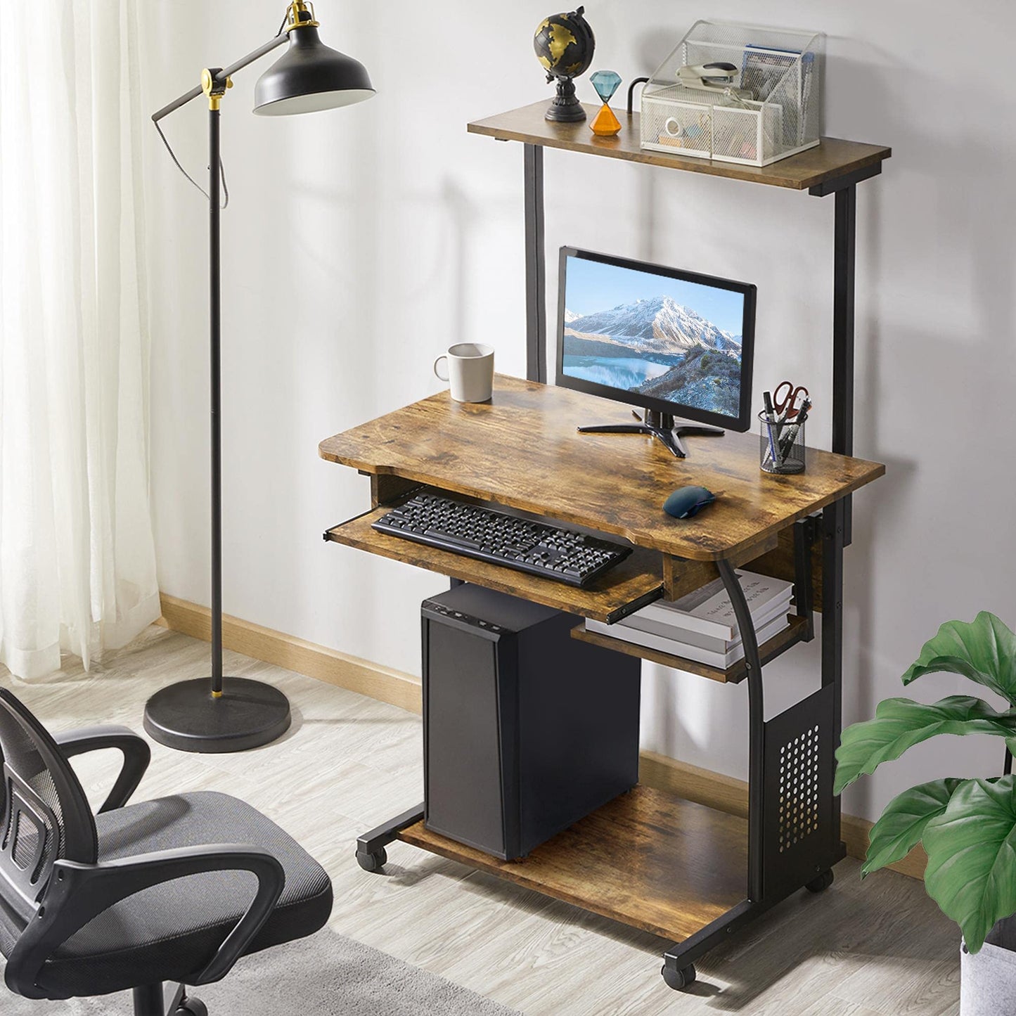 Yaheetech Desk with Printer Shelf Computer Desk Black PC Table with 4 Wheels 80 x 50 x 132 cm