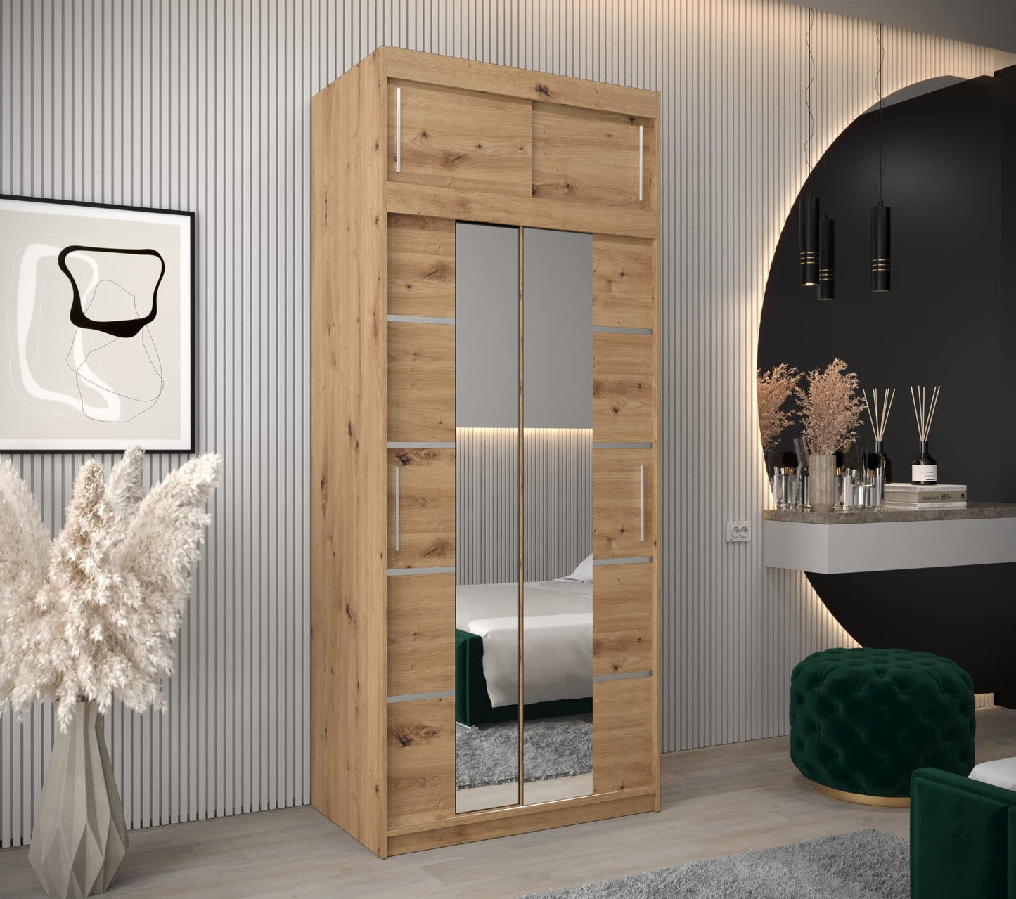 MEBLE KRYSPOL Verona 4 250 Bedroom Wardrobe Sliding Doors Cabinet with Mirror Wardrobe with Mirror Sliding Door Wardrobe Sliding Doors - 250 x 240 x 62 cm - Sonoma with Extension
