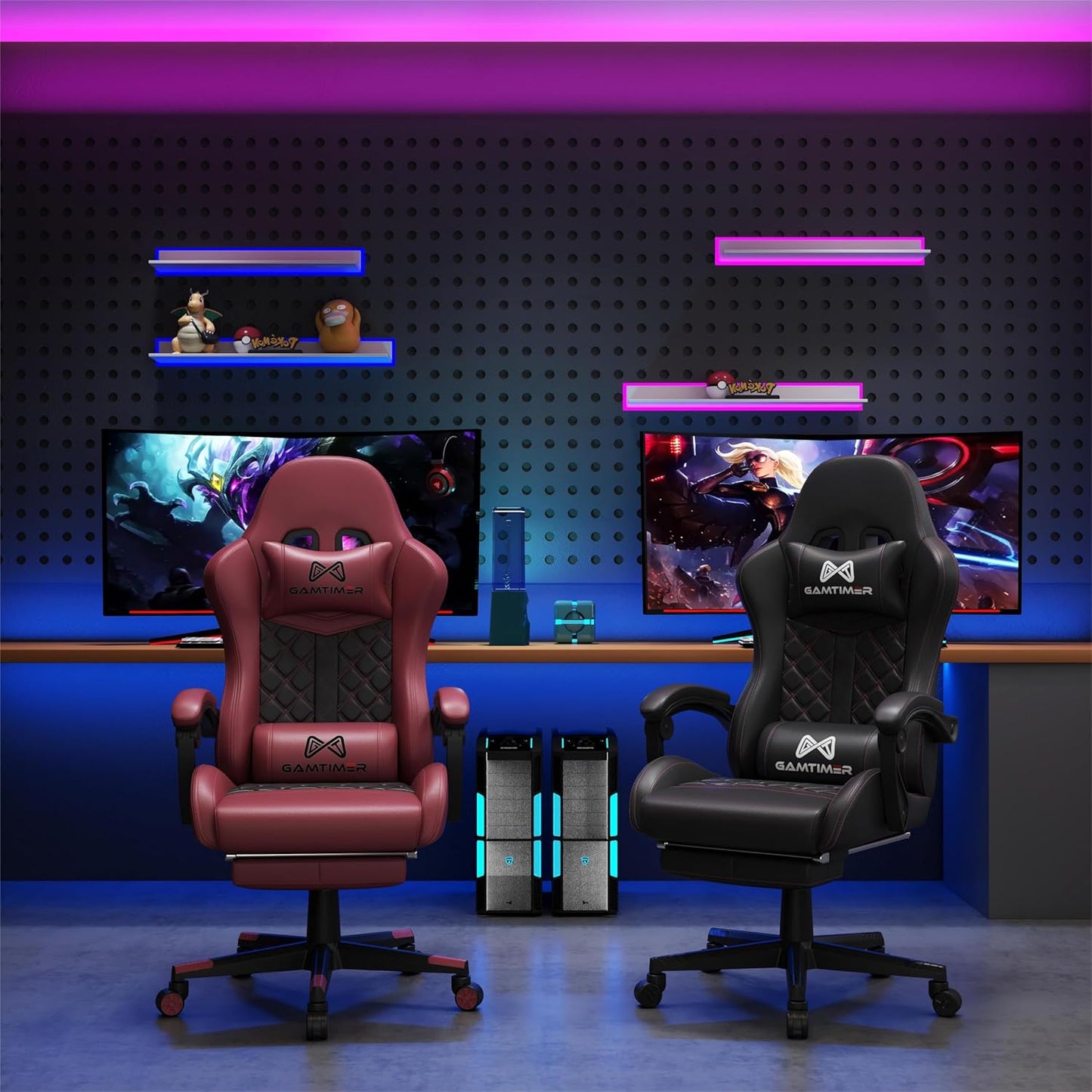 Gaming Chair, Ergonomic Office Chair, PC Chair, Gaming Chair, Lumbar Cushion and Footrest, PU Leather Gamer Chair, Adjustable Backrest from 90-155°, Height Adjustable 360° Swivel Chair (Pink)