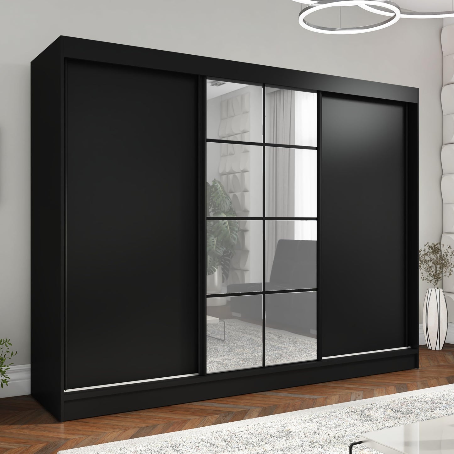 A&J MöbelLand Oravelle Sliding Door Wardrobe 3 Doors with Drawers and Mirror 200 cm (Black)