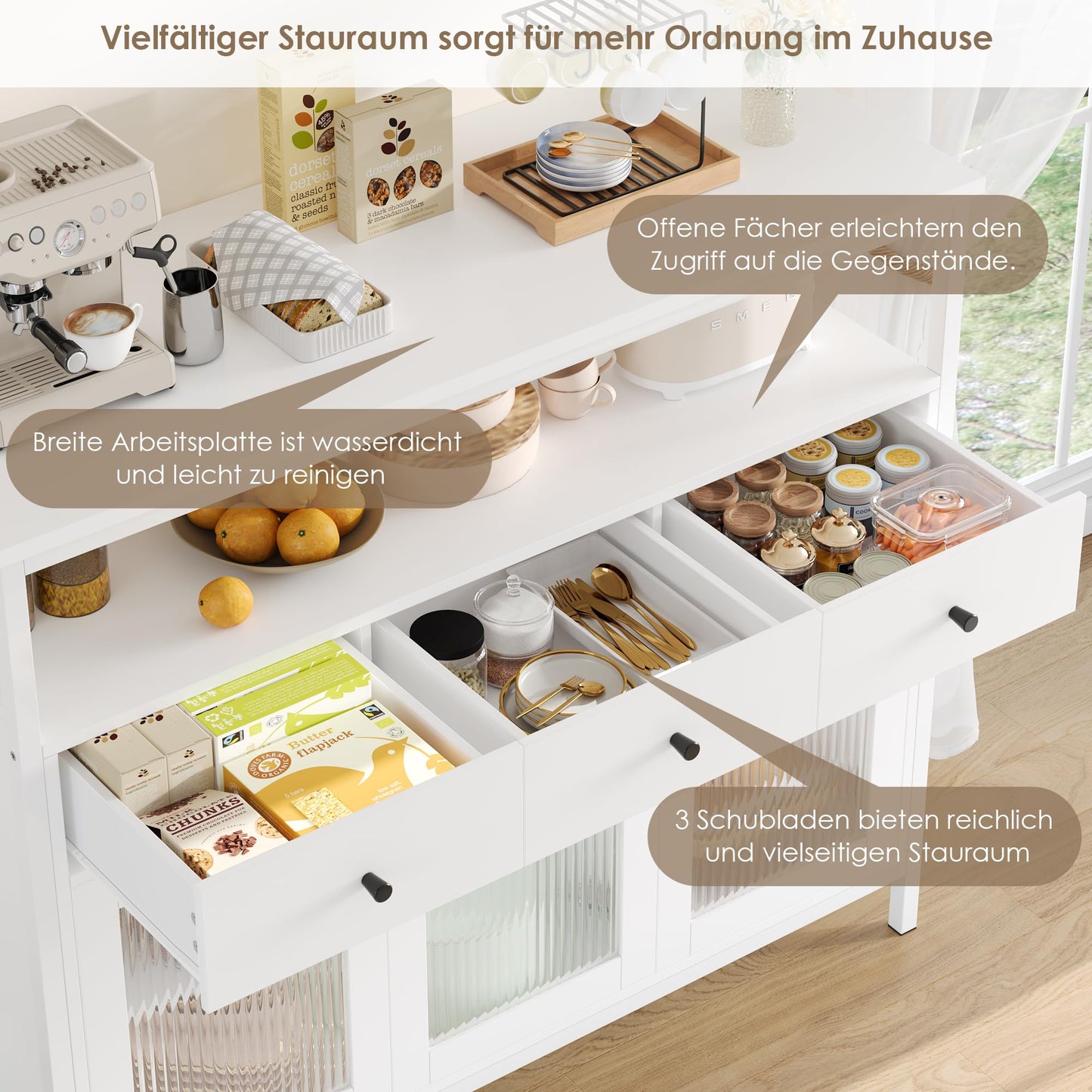 FirFurd Sideboard Küchenschrank mit Arbeitsplatte &3 Schubladen&3 Glastüren, Buffetschrank Kommode Kaffeebar Mehrzweckschrank, Sideboard für Wohnzimmer Küche Esszimmer 108 x 38 x 98,5 cm schwarz