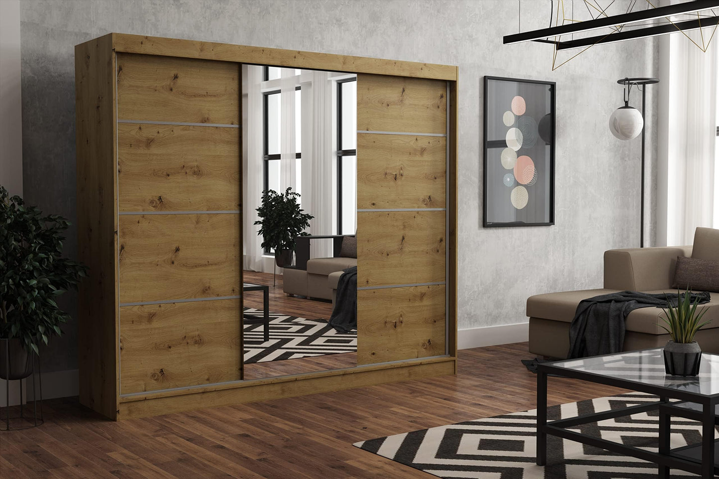 Brent - Tom Wardrobe with Mirror, 160 cm Wide, Bedroom Wardrobe with 1 Clothes Rail and Shelves for Clothes, Wardrobe Grey