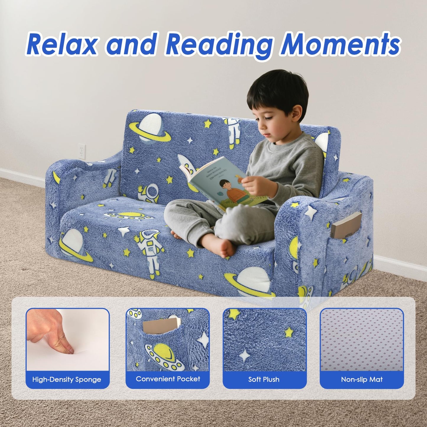 Children's Sofa Fold-Out 2-in-1, Extra Large Children's Sofa Glows in the Dark with Sleep Function, Children's Chair for Children's Room, Playroom, Astronauts