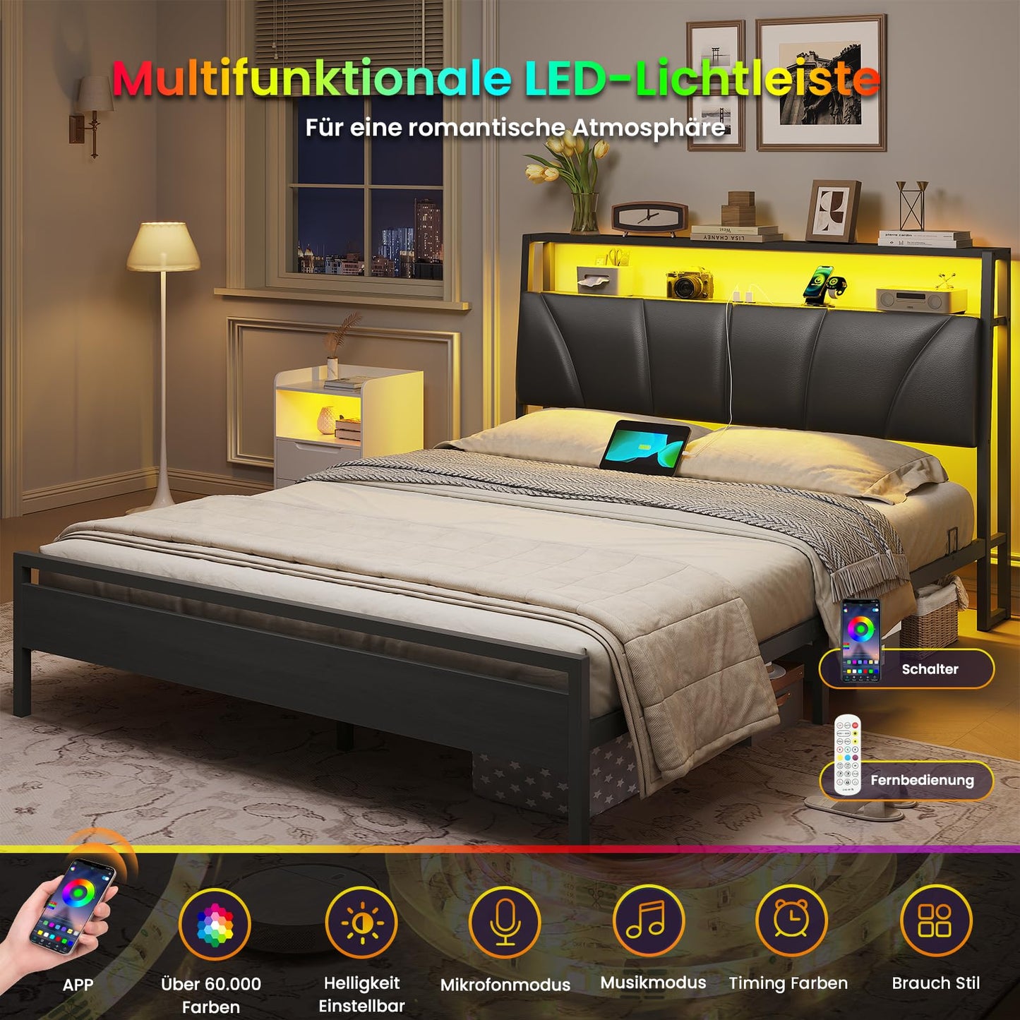 Brinlawb Bed 140 x 200 cm with Metal Slatted Frame, Bed Frame 140 x 200 cm with LED Lighting, Metal Bed 140 x 200 cm with Headboard and Charging Station (2 AC Sockets, 2 USB Ports), Youth Bed, Double