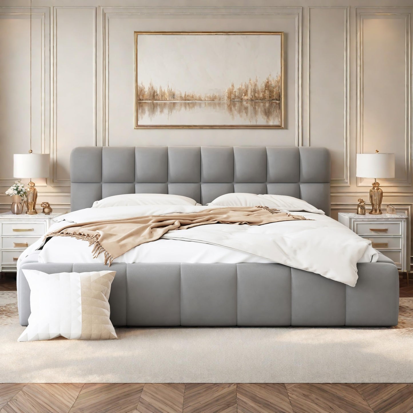 DULRLLY Bubble Bett Polsterbett 140x200 cm,Doppelbett mit Lattenrost, Jugendbett mit Gepolstertes Kopfteil, Gepolstertes Bett für Schlafzimmer und Gästezimmer,ohne Matratze, Leinenstoff (Weiß)