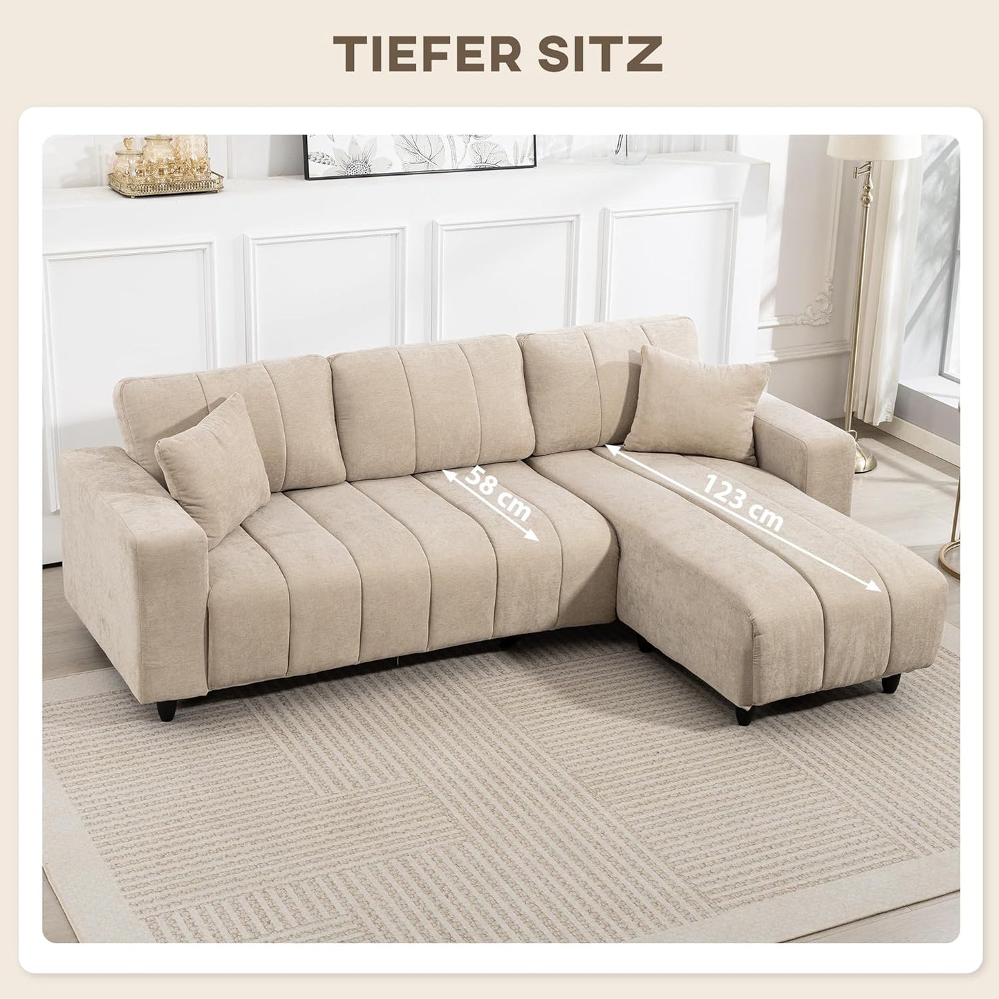 HOMCOM Corner Sofa, 3 Seater Couch with Reversible Chaise Longue, Cushion, L Shape Sofa, Padded Corner Couch with Linen Look for Living Room, Bedroom, 242 x 156 x 87 cm, Beige