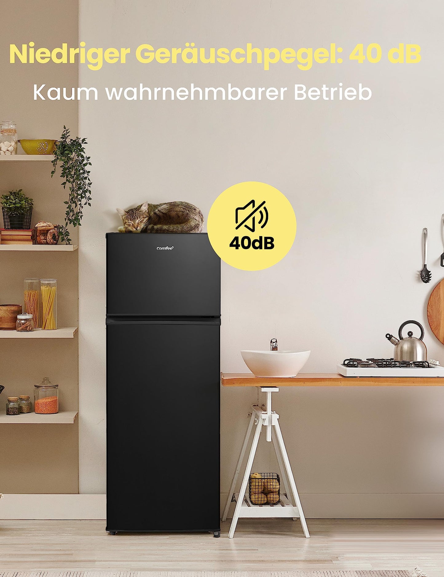 Comfee RCT284DK2A Fridge/Freezer, Top Freezer Compartment, 176 kWh/Year, 143 cm Height, LED Light, Reversible Door Hinge, Black