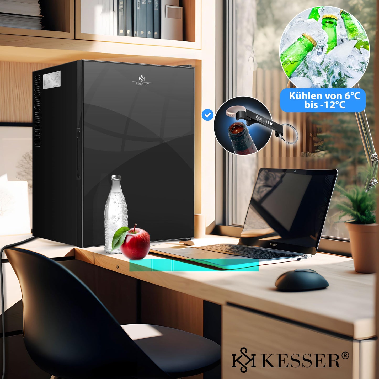 KESSER® Mini Fridge 40 L Lockable Mini Bar Ideal for Camping, Office, Bedroom, Hotel, Kitchen, Small Fridge Completely Silent, Interchangeable Door Hinge, Interior Lighting with Glass Opener