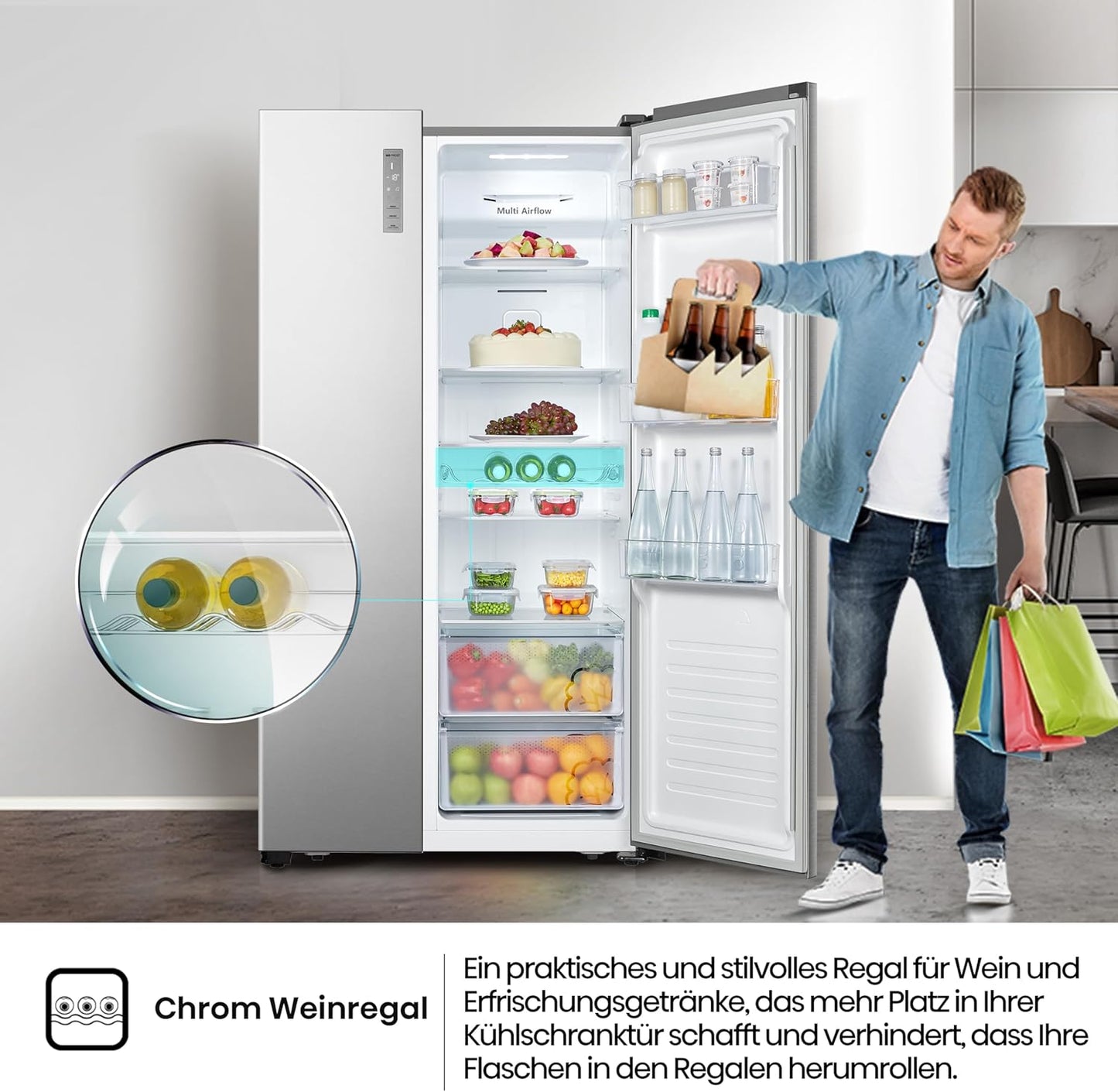 Hisense RS677N4BIE Side-by-Side Fridge Freezer / NoFrostPlus / Multiflow 360° / SuperCool / BigBox / 179.3 cm / Fridge Capacity 334 L / Freezer Capacity 185 L / 42 dB / 309 kWh Year / Stainless Steel Look