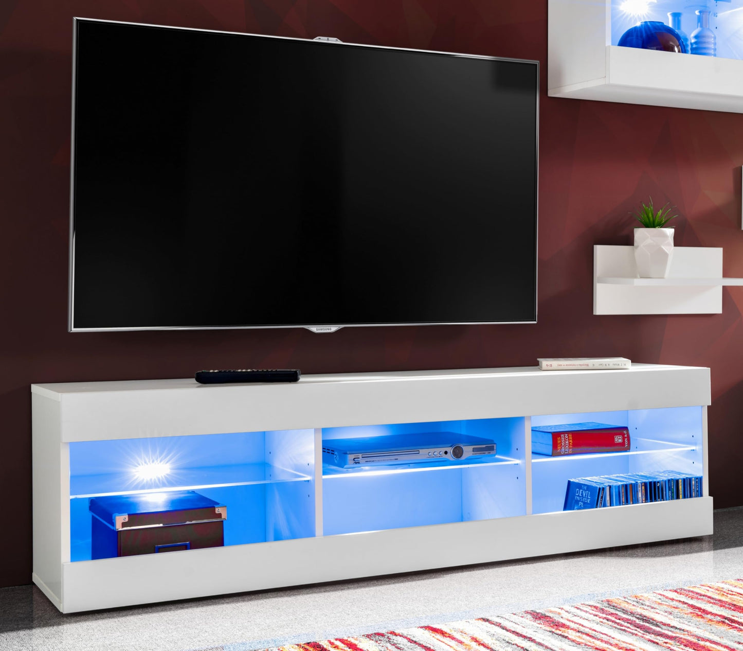 Komodee Tivoli Medio Wall Unit Living Room Set, Black/Black, Width 245 cm x Height 159 cm x Depth 35 cm, LED Blue, for Living Room, Bedroom