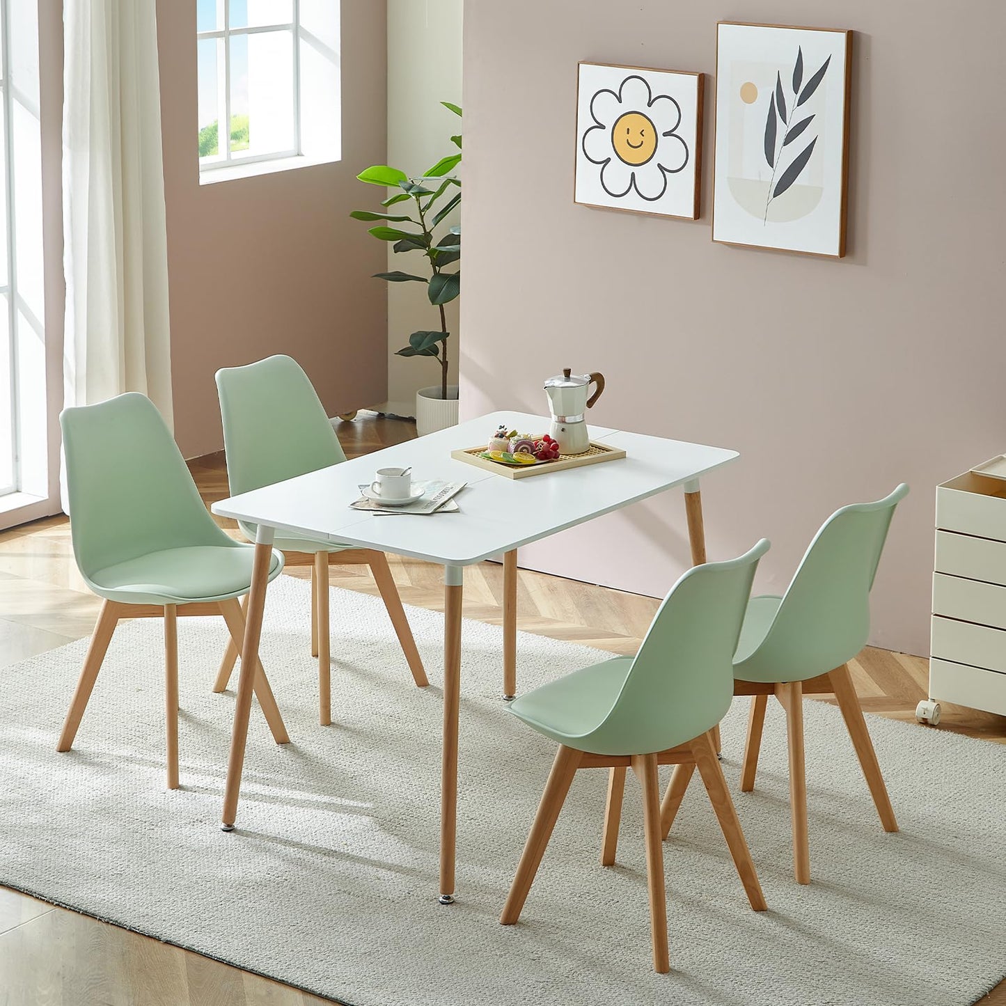 H.J WeDoo Esszimmergruppe mit 4 Essstühlen, Rechteckig Esstisch und Stühle für Esszimmer, Küche, Wohnzimmer, Weißer Esstisch und Graue Stühle