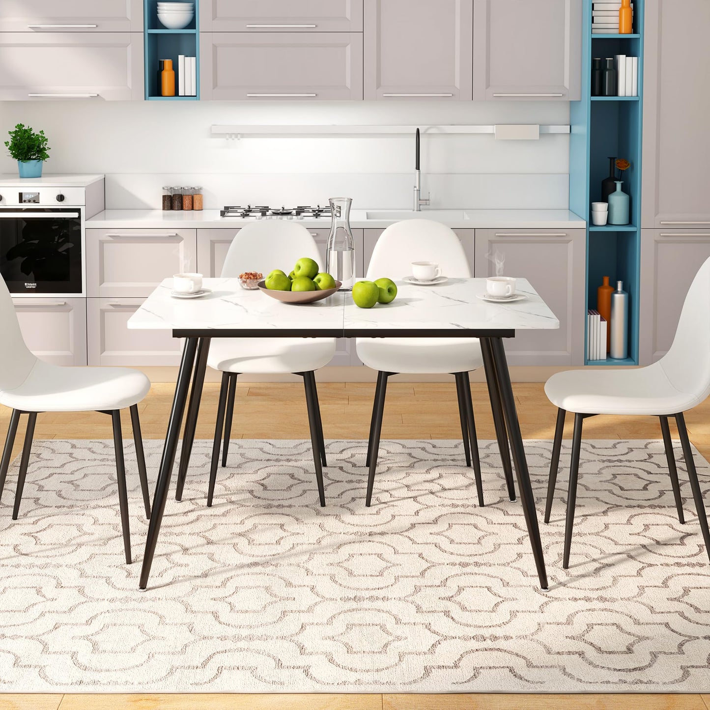FurnitureR Esstisch, ausziehbar, L-120 – 160 cm für 6 – 8 Personen, Elegantes Design, Tischplatte aus weißem Marmor, MDF mit Metallbeinen, vielseitig und minimalistisch, Küchentisch