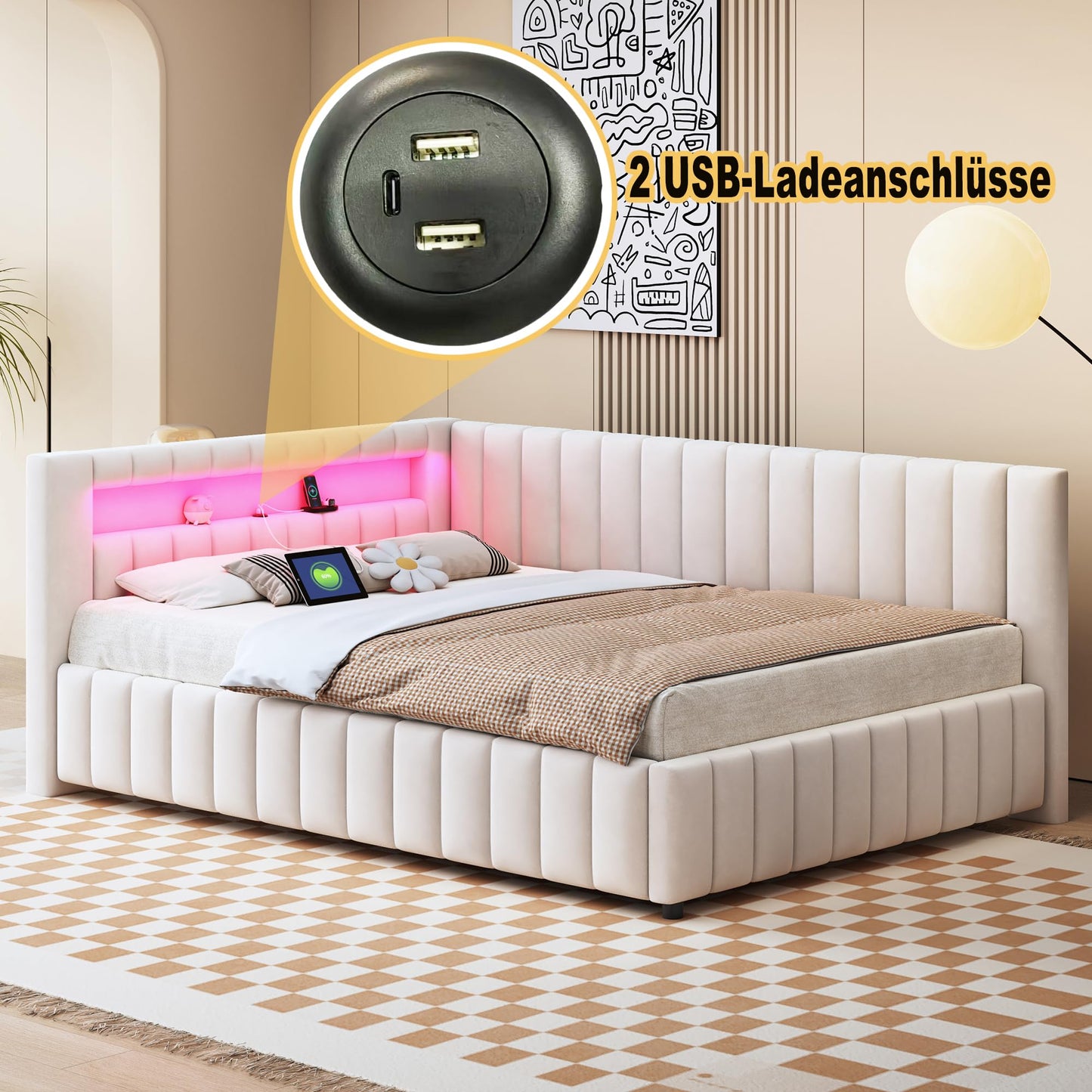 KEYIDE Upholstered Sofa Bed, 140 x 200 cm with LED Lighting and USB Charging, Bed Frame with Wooden Slatted Frame, Day Bed, Guest Bed, Youth Bed, Velvet Fabric, Without Mattress (Grey, 140 x 200)