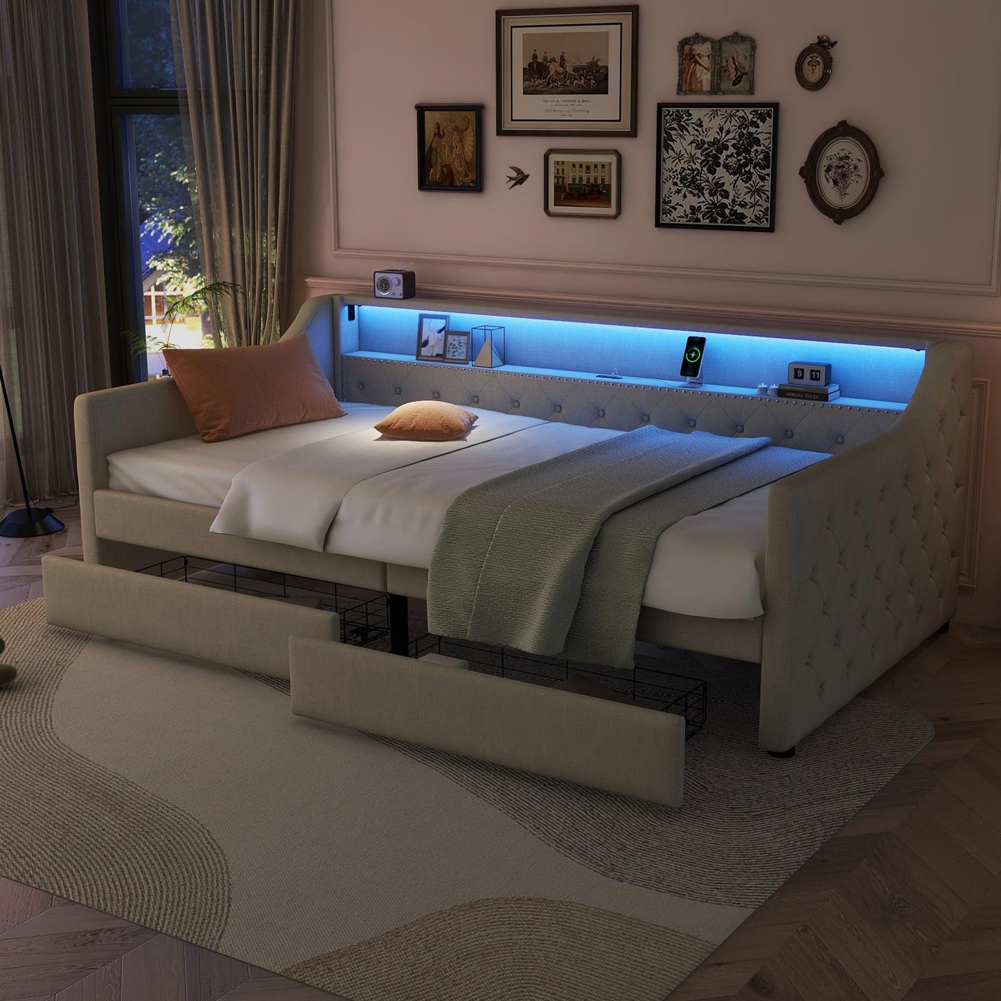 Aoskem Polsterbett Tagesbett Einzelbett 90x200 mit 2 Stauraum Schubladen, Kinderbett LED-Sofabett mit USB-Ladebuchse, Bettgestell mit Lattenrost, Jugendbett Schlafsofa, Ohne Matratze, Leinen (Grau)