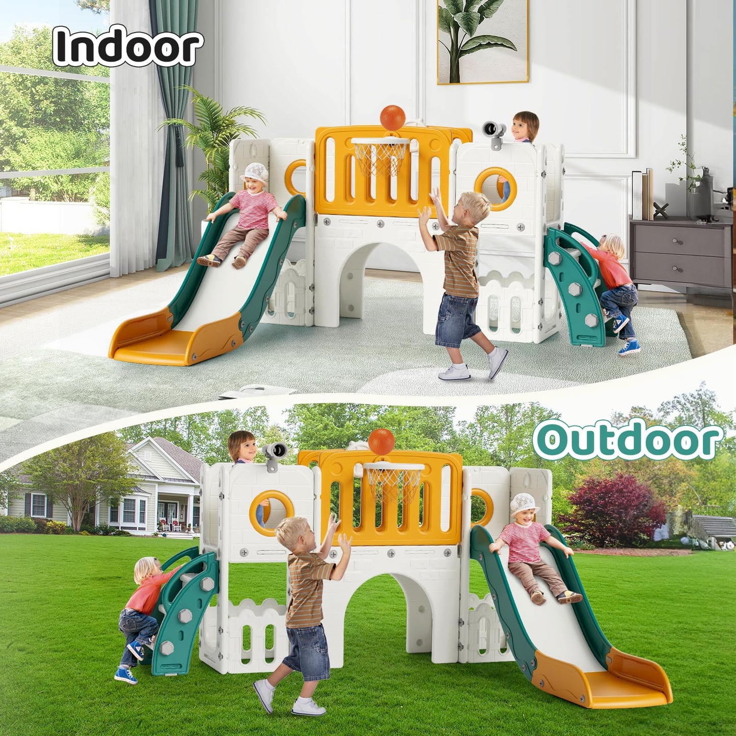 MAMIZO 9-in-1 Children's Slide, Children's Slide with Climbing Frame, Indoor and Outdoor Slide with Basketball Hoop and Telescope, Tunnel, Storage Space, Garden Slide, Children's Playground, with 2
