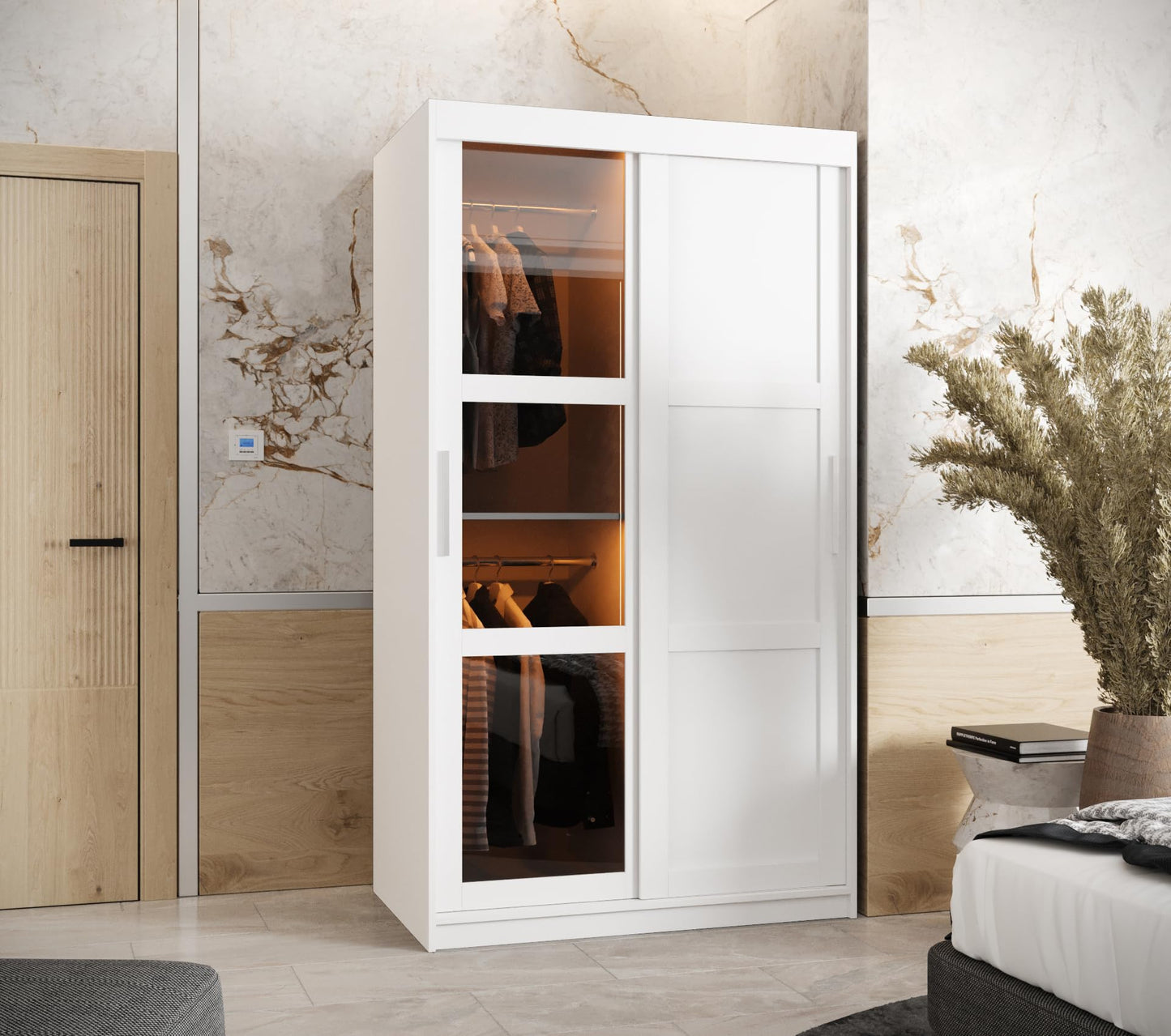 MEBLE KRYSPOL Dome 2 Schrank mit DREI Schiebetüren mit Spiegel, Stangen und Regalen - Aufbewahrungsschrank mit Rauchglas für Schlafzimmer, Wohnzimmer - 200x250x62cm - Schwarz, Schwarz, Schwarz