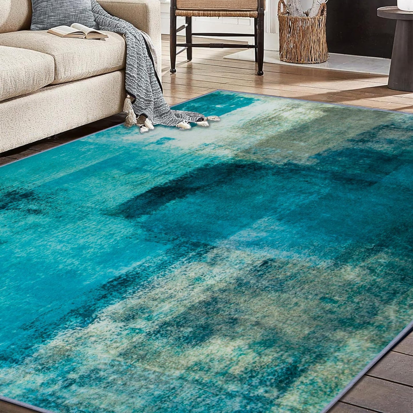 TYJDTYR Wohnzimmer Teppich 140 x 200 cm Modern Abstrakt Grau, Kurzflor, Waschbar für Schlafzimmer Esszimmer Dekorative Blau