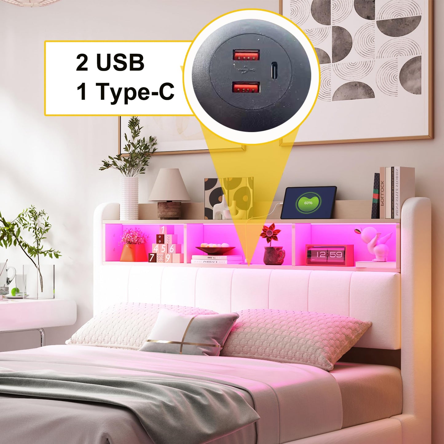 LAKFEW Polsterbett 140X200 cm, Doppelbett Stauraumbett mit LED-Beleuchtung, Erwachsenenbett mit USB/Typ-C, Bettgestell Bett mit Lattenrost, Ohne Matratze, Grau, Leinen