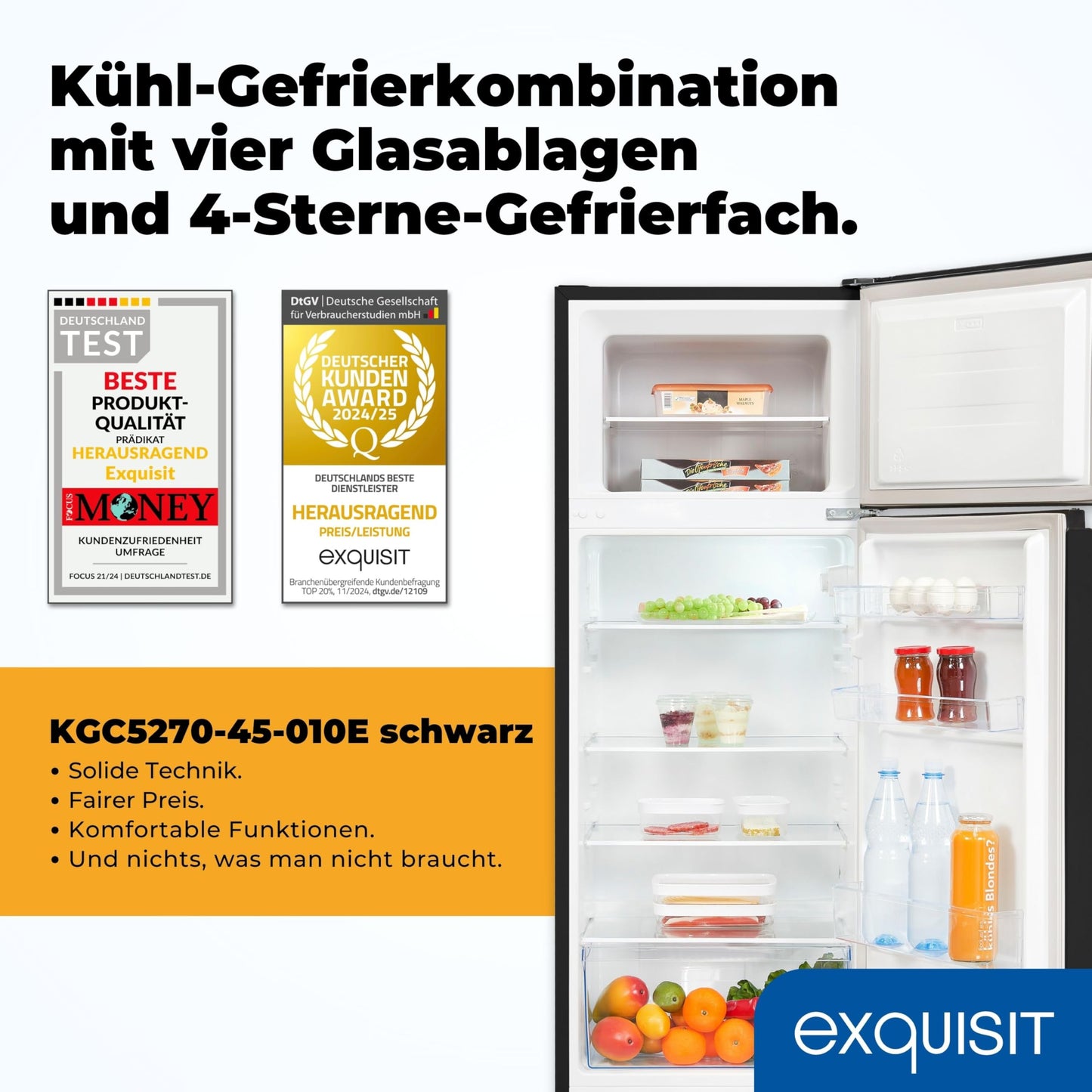 Exquisit KGC5270-45-040E Fridge-Freezer, 143 cm Height, Fridge Freezer, 4-Star Freezer, 206 Litres, Inoxlook