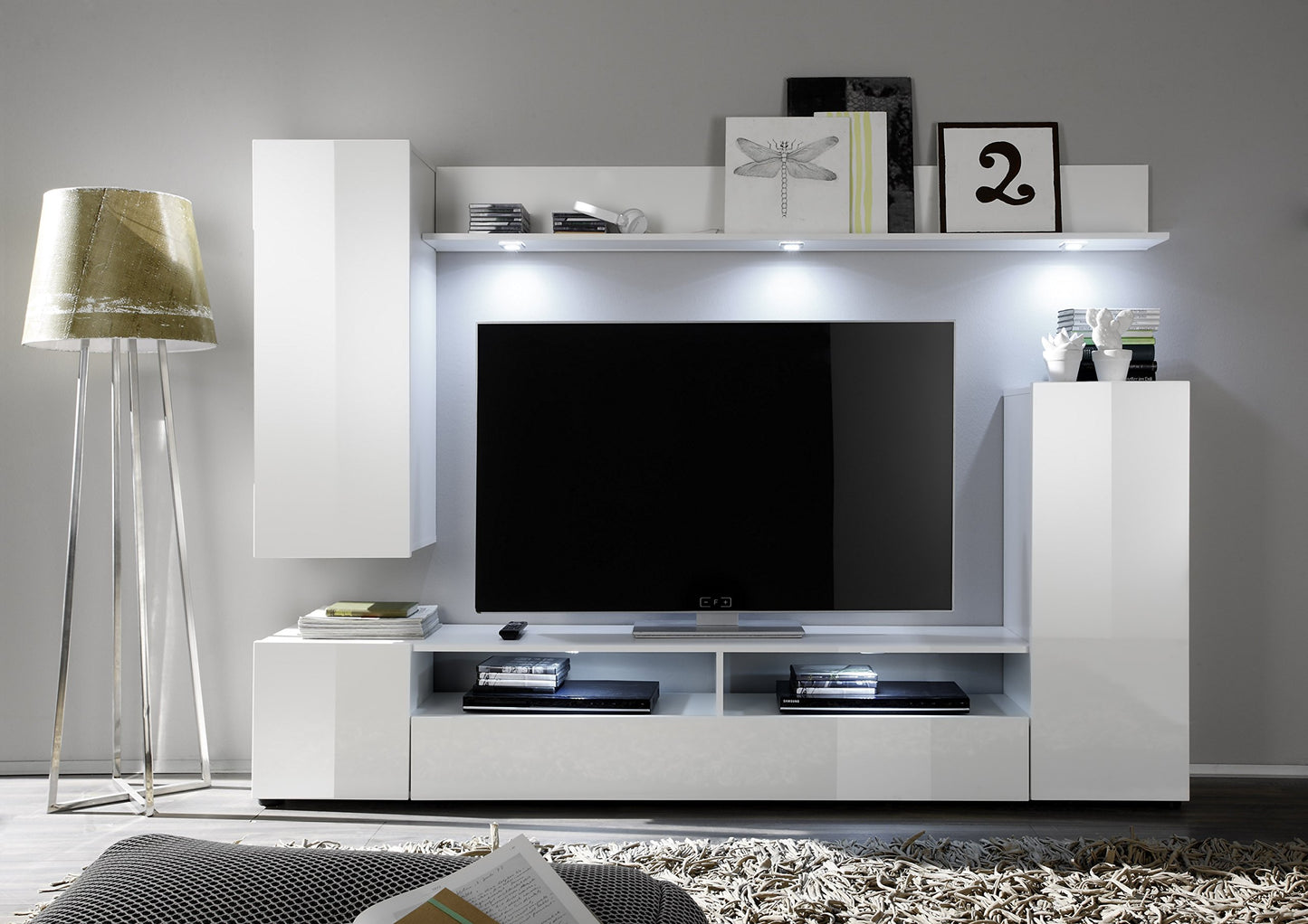 trendteam smart living - Logo - Wall Unit - Brown - Wall Unit with 1 Door, 1 Flap and 6 Open Compartments - (W x H x D) 240 x 185 x 41 cm - Silver Matte Handles