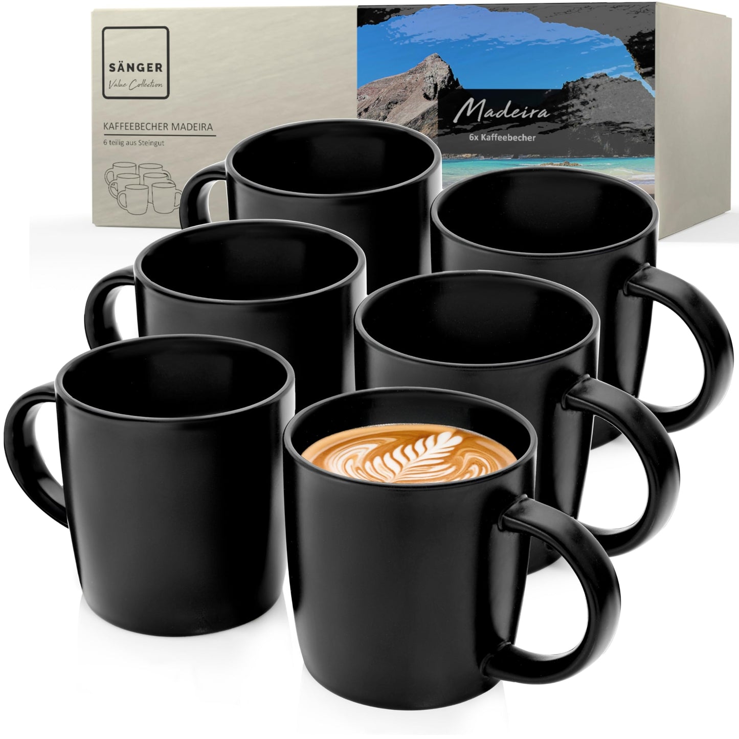 SÄNGER Madeira | Steingut Geschirr Set 18 tlg, Teller Set 6 Personen, Geschirrset 6x Speiseteller 6x Müslischalen 6x Dessertteller, Tafelservice schwarz kratzfest, Essgeschirr matt | VALUE COLLECTION