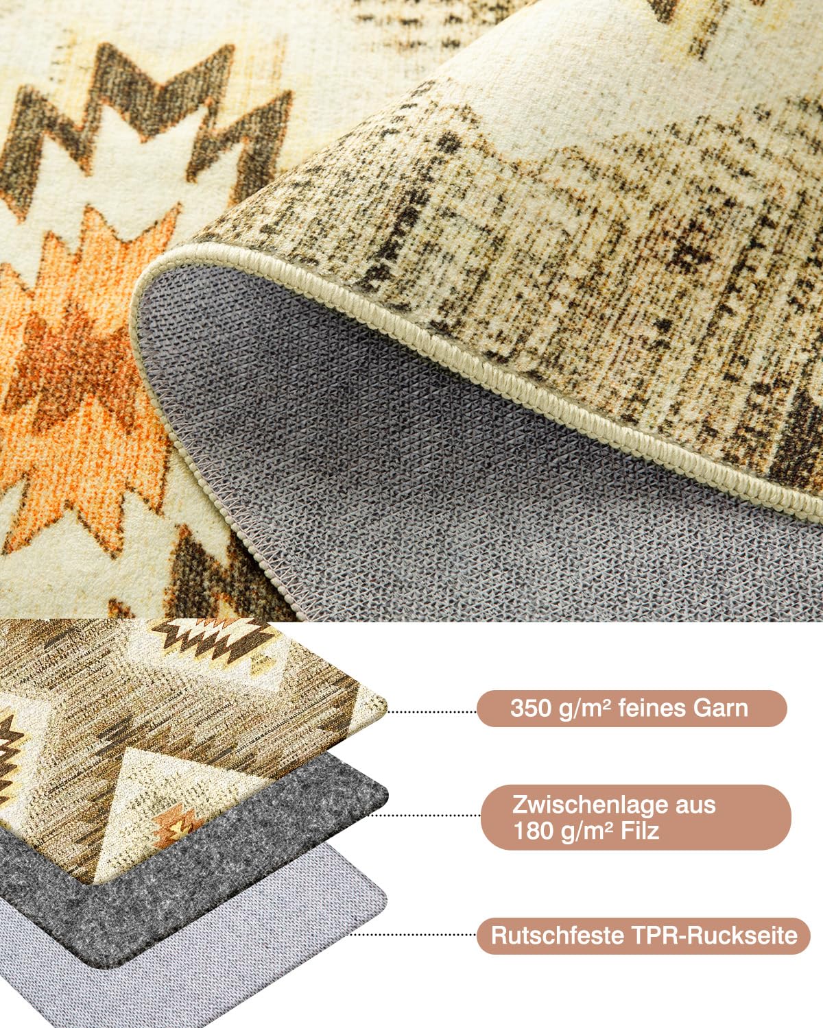 DEFYNEE Teppich Wohnzimmer 120 x 180 cm – Waschbarer Kurzflor Teppich, rutschfest, Vintage & Boho Stil, Pflegeleicht – Für Flur, Wohnzimmer, Schlafzimmer & Esszimmer, Dunkelblau