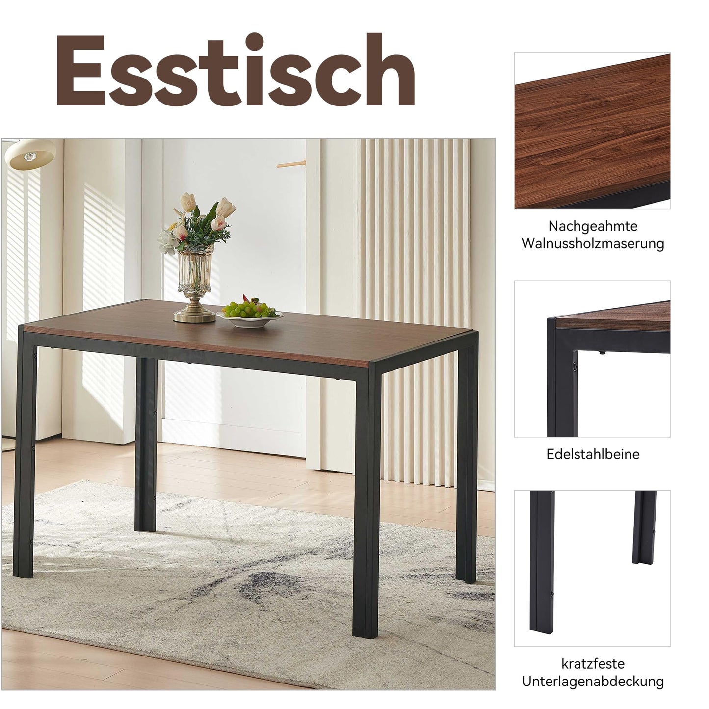 NORDICANA Dining Table with 4 Chairs Set, Dining Room Chairs Set of 4 and Rectangular Dining Table, Velvet Cover, Upholstered Chair, MDF Panels, Wooden Table, Suitable for Kitchen, Office, Balcony