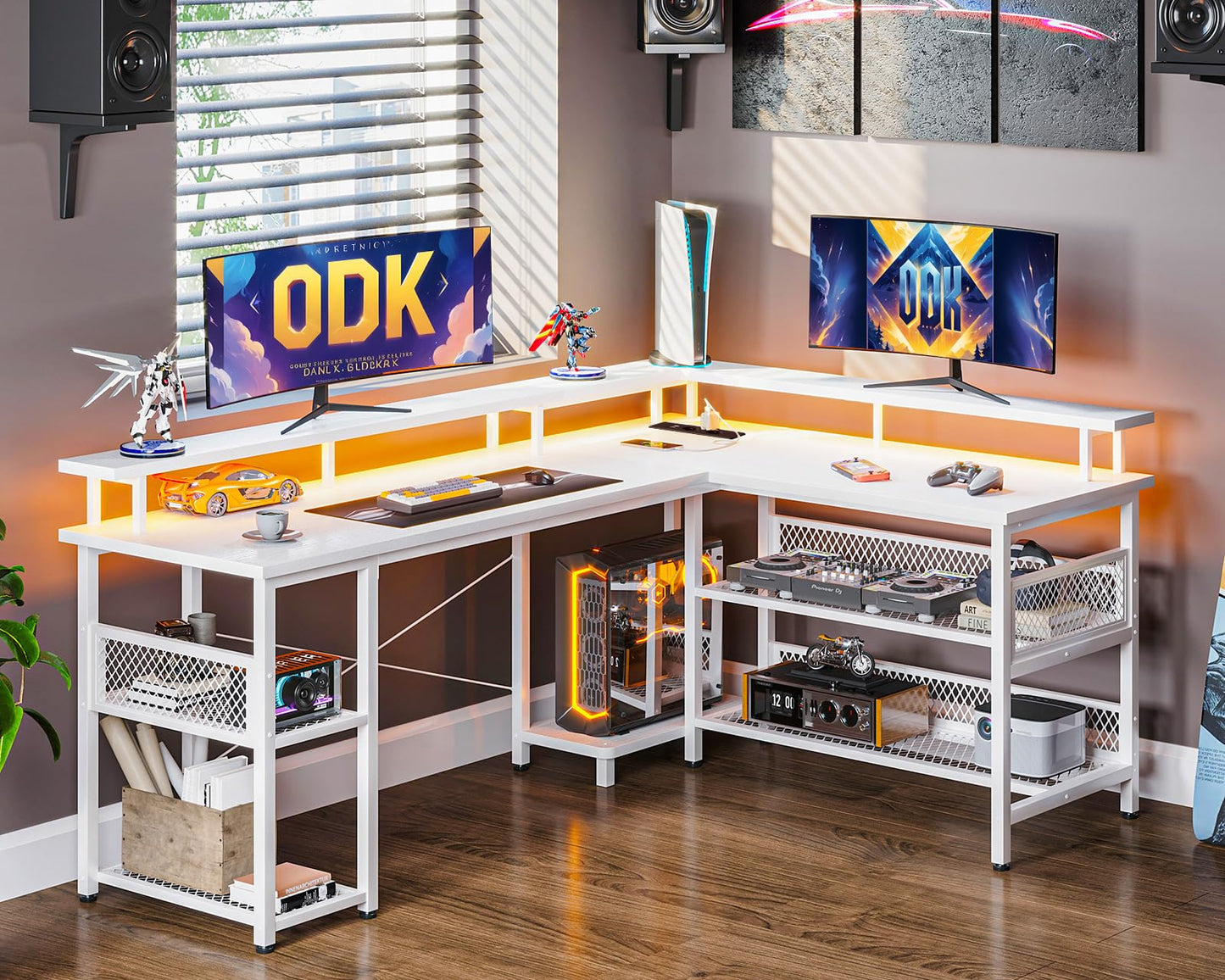 ODK Gaming Table with LED, Reversible Gaming Desk with 2 Sockets and 2 USB Charging Ports, Large Corner Desk with Mesh Shelf, Carbon Fibre Black, 168 x 120 cm