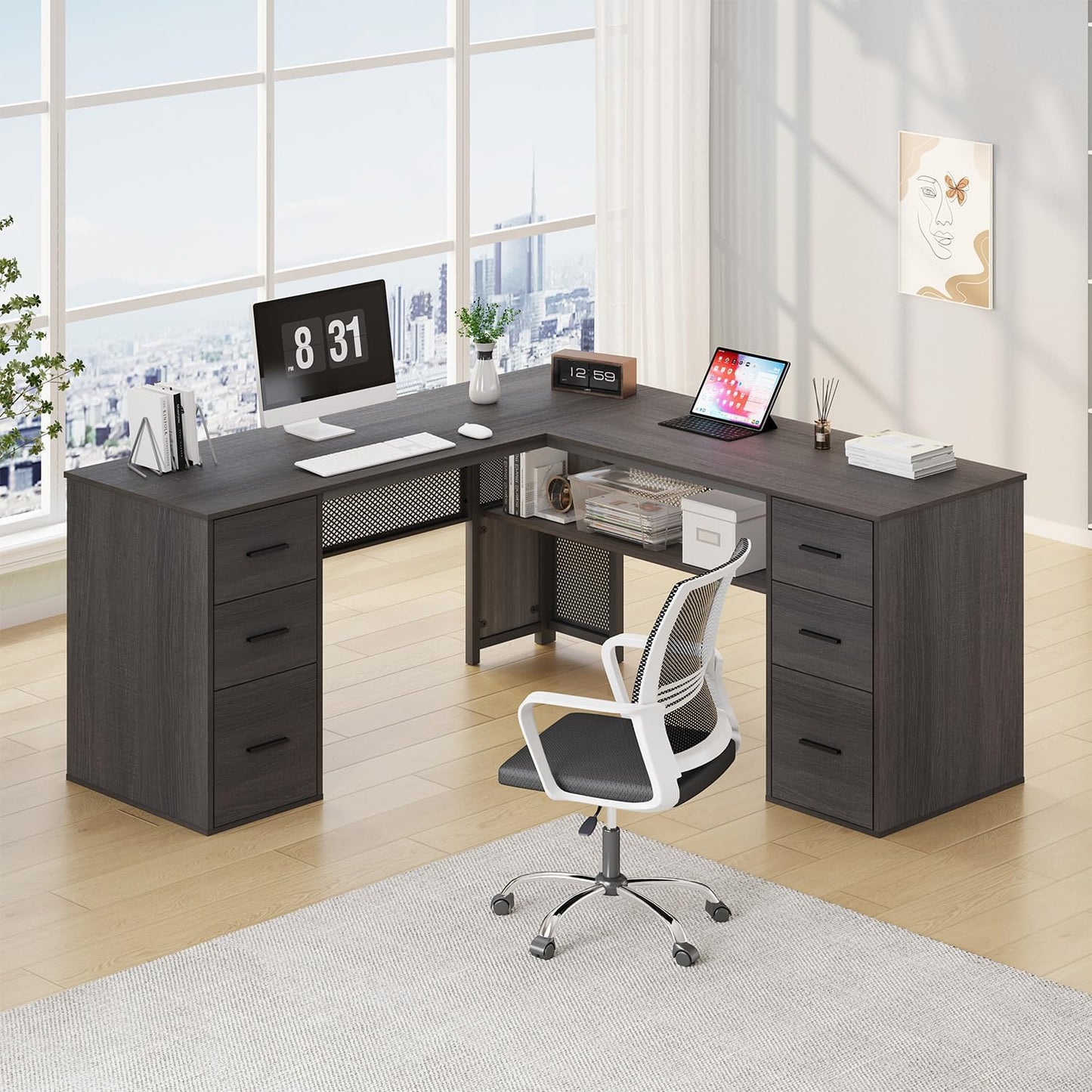 HSH - Black L Shape Corner Desk with Filing Drawers and Shelves, Reversible Corner Desk Made of Metal and Wood with Storage Cabinets