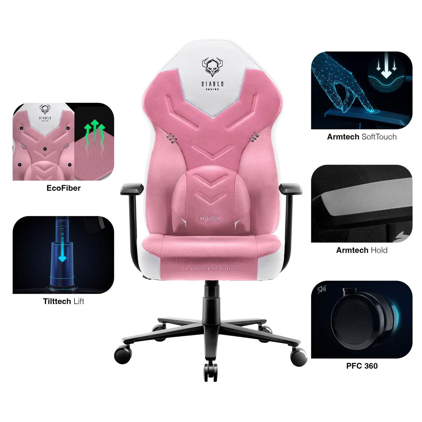 Diablo X-Gamer 2.0 Gaming Chair Office Chair Fabric Cover Ergonomic Design Lumbar Cushion Soft Pad Cushion (Pink-White)