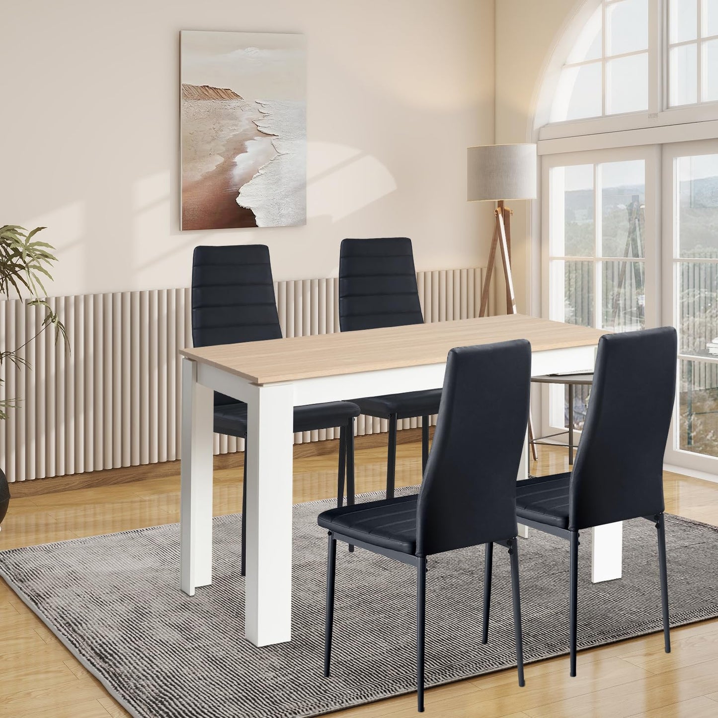 FURNITABLE Esstisch mit 6 Stühlen Esszimmergruppe, Essgruppe mit Hochlehner Kunstleder Stuhl für 6 Personen, Sitzgruppe für Küche Wohnzimmer(160cm Eiche-Weiß Tischbein Tisch+6 Schwarz Stühle)
