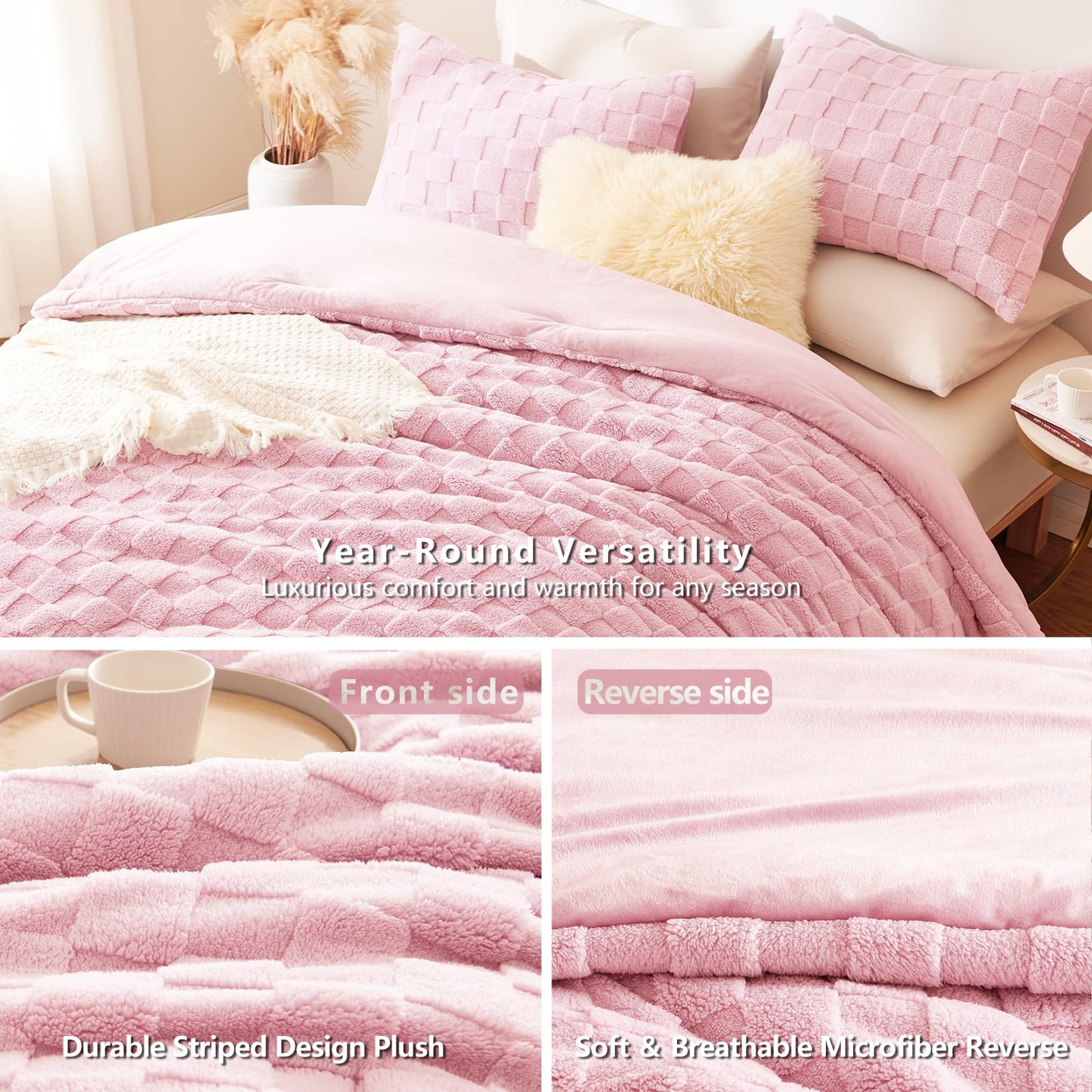 CozyLux Queen Size Comforter Set Blush Pink, Fluffy Plush Fleece Comforter with Checkered Pattern, Farmhouse Boho Soft Warm Bed Set, 3 Pieces, 1 Comforter and 2 Pillowcases