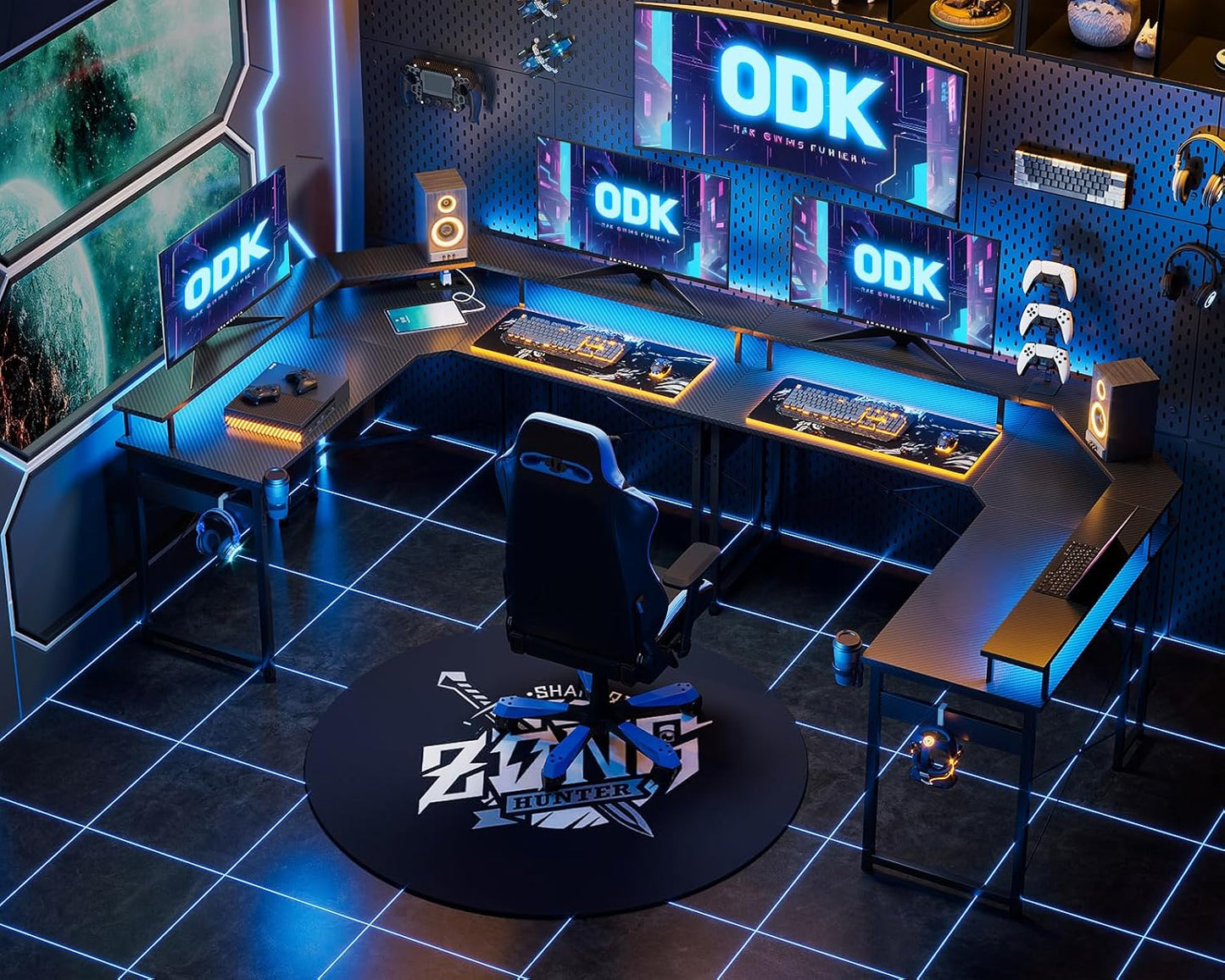 ODK Gaming Tisch mit LED, Gaming Schreibtisch mit 2 Steckdosen und 2 USB Ladeanschluss, PC Tisch Gaming mit großzügiger Monitorablage, Gamer Schreibtisch in Kohlefaser Weiß, 129x129 cm