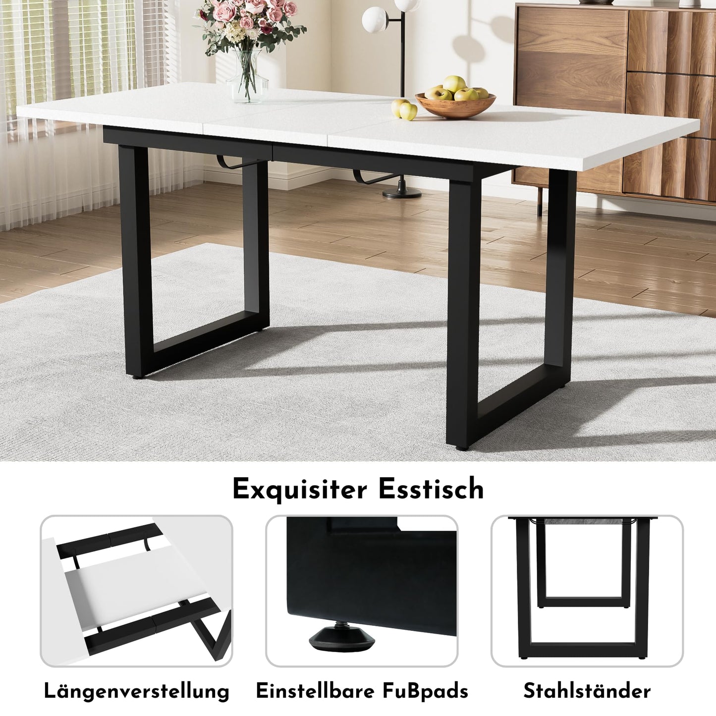 Merax Esstisch, Ausziehbar Esszimmertisch mit Tischbeine aus Metall, Rechteckiger Küchentisch für Wohnzimmer und Esszimmer, Grau