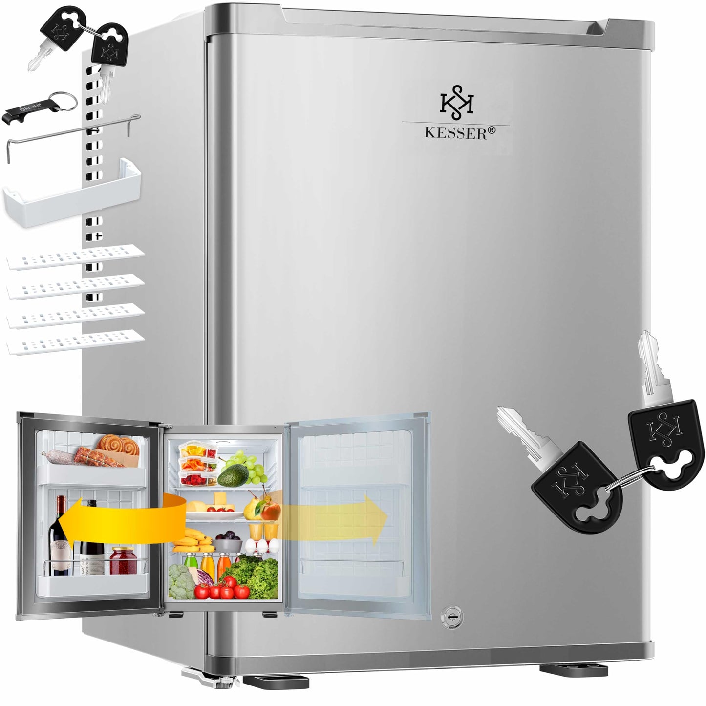 KESSER® Mini Fridge 40 L Lockable Mini Bar Ideal for Camping, Office, Bedroom, Hotel, Kitchen, Small Fridge Completely Silent, Interchangeable Door Hinge, Interior Lighting with Glass Opener