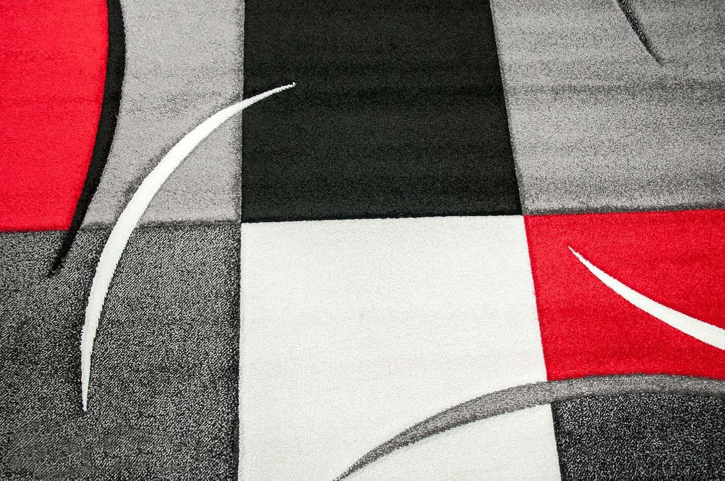 Designer Rug, Modern Short Pile Rug with Contour Cut, Chequered Pattern, Living Room, Red, Grey, White, Black