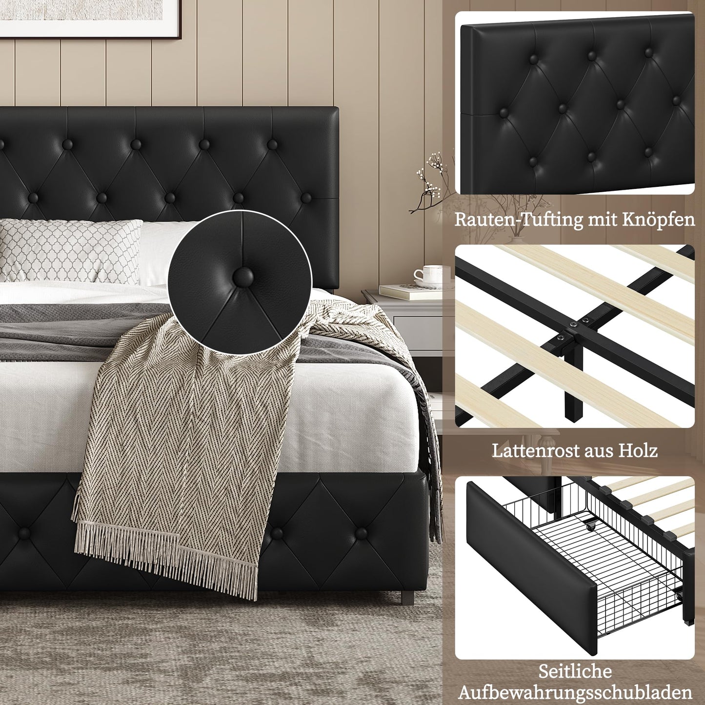 Yaheetech Polsterbett 140 x 200 cm Doppelbett Bettrahmen mit 2 Schubladen höhenverstellbares Kopfteil Gepolstertes Bett mit Lattenrost viel Stauraum, Schwarz