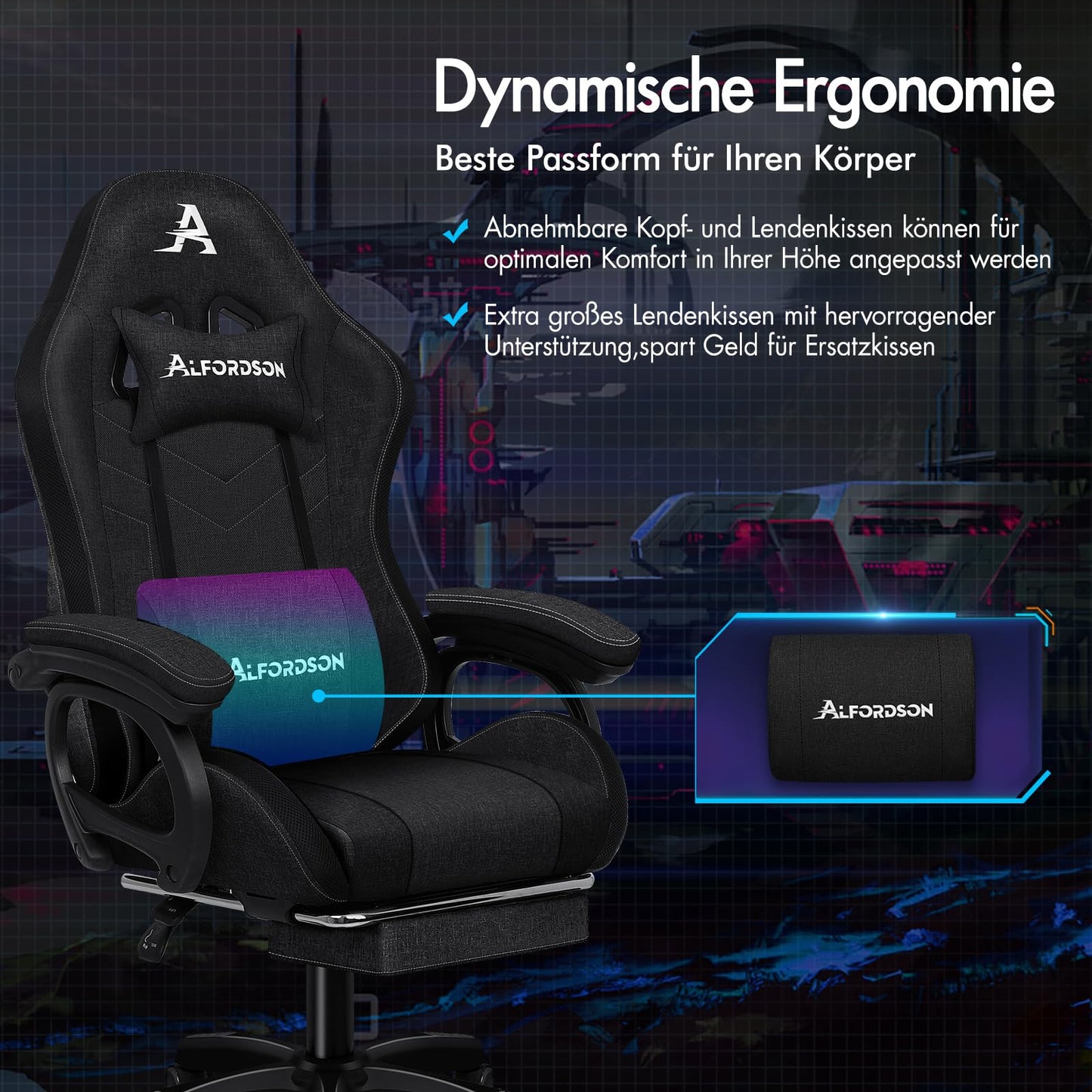 ALFORDSON Gaming Stuhl mit 8-Punkt Massage 12 Farben RGB LED-Licht, Bürostuhl Ergonomisch mit fußstützen, Kopfstütze Lendenkissen für Kinder Erwachsene, Schwarz