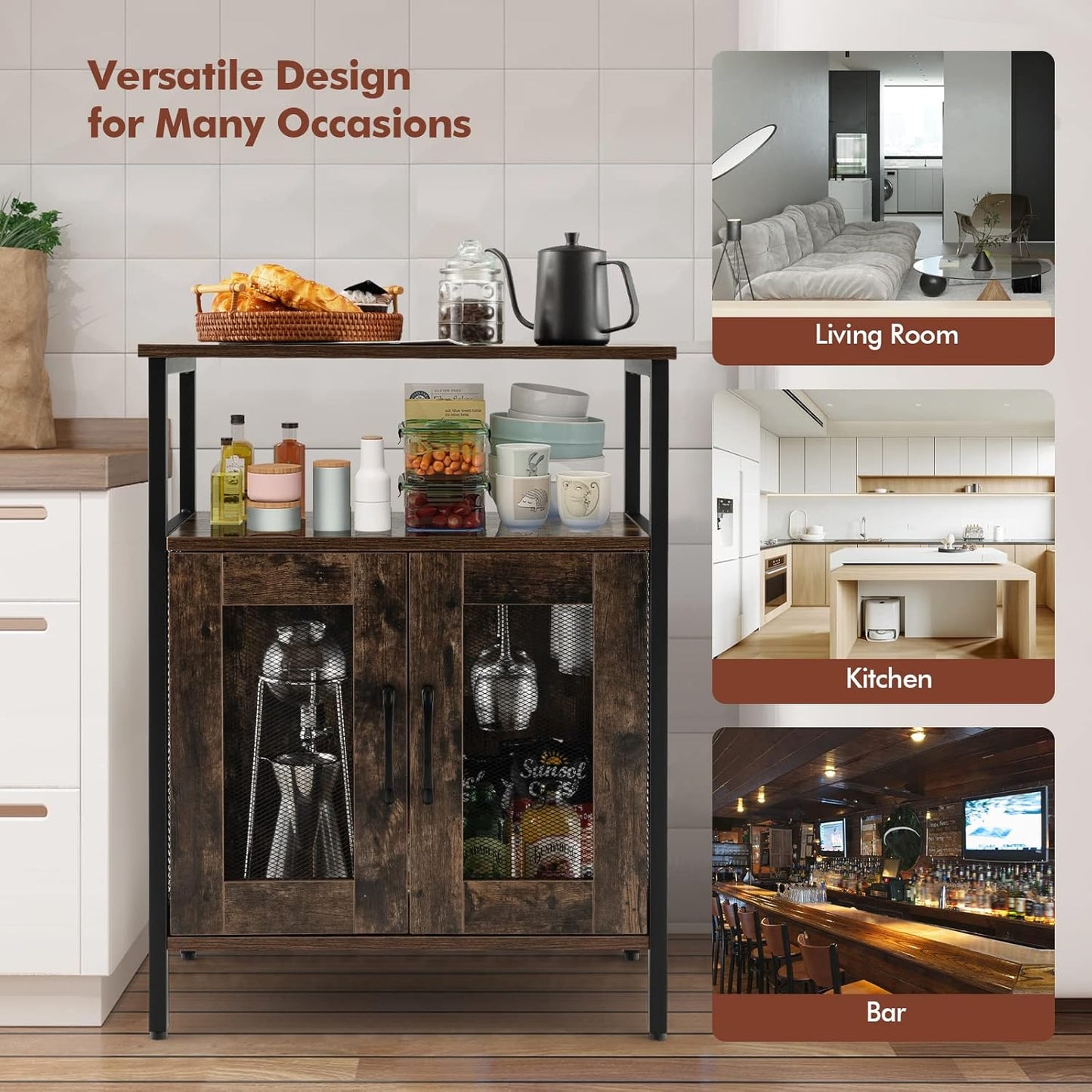 GIANTEX Weinschrank Barschrank Industrial, Weinbarschrank mit abnehmbarem Weinregal & 6 Glashalter, Küche Hausbar Küchenschrank mit Metallgittertüren, Sideboard Flaschenständer Weinständer 60x34x79cm