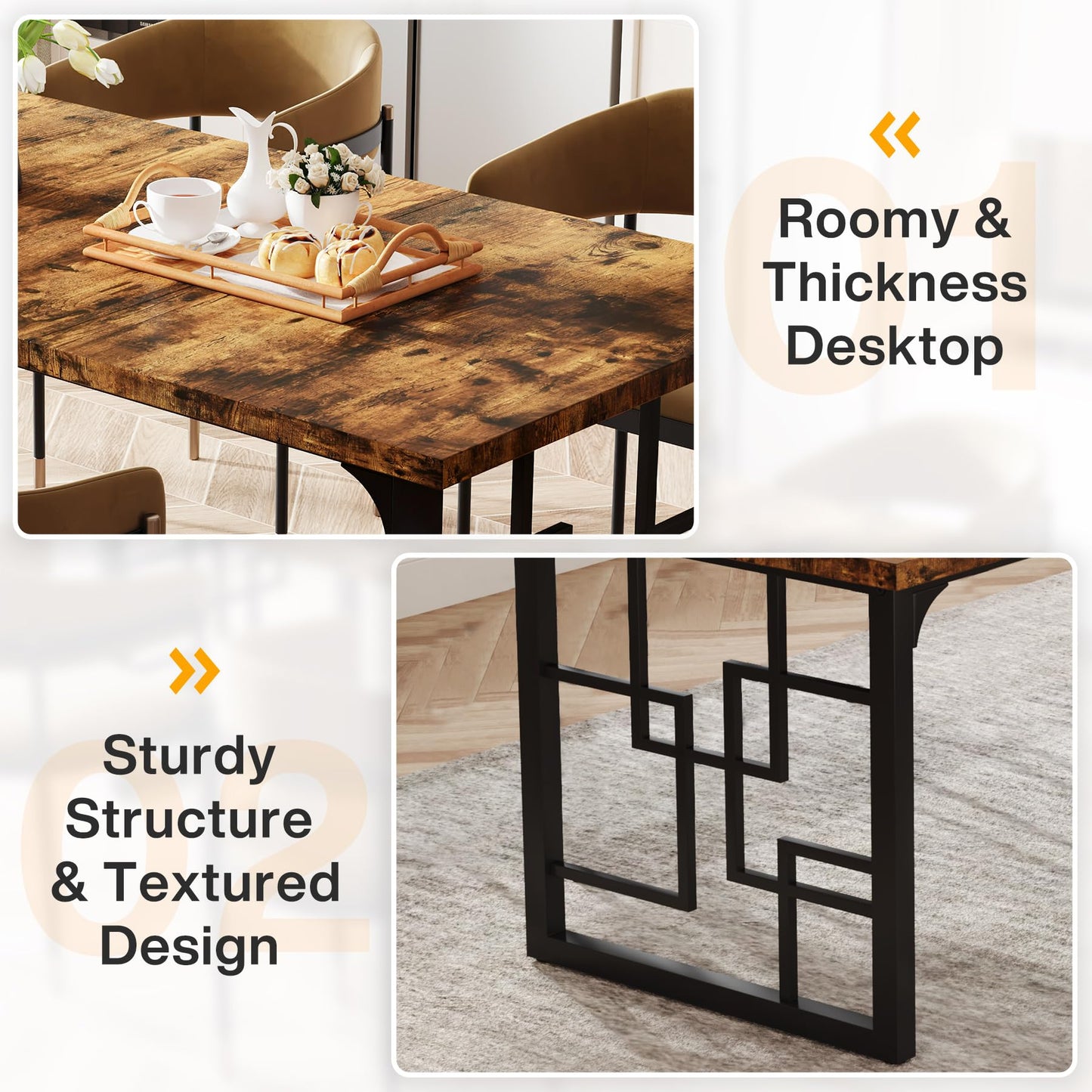 Tribesigns Dining Table for 6 People, Living Room Table, 160 x 80 x 75 cm, Rectangular Kitchen Table, Dining Table for Dining Room and Kitchen, Living Room, Industrial Design, Rustic Brown