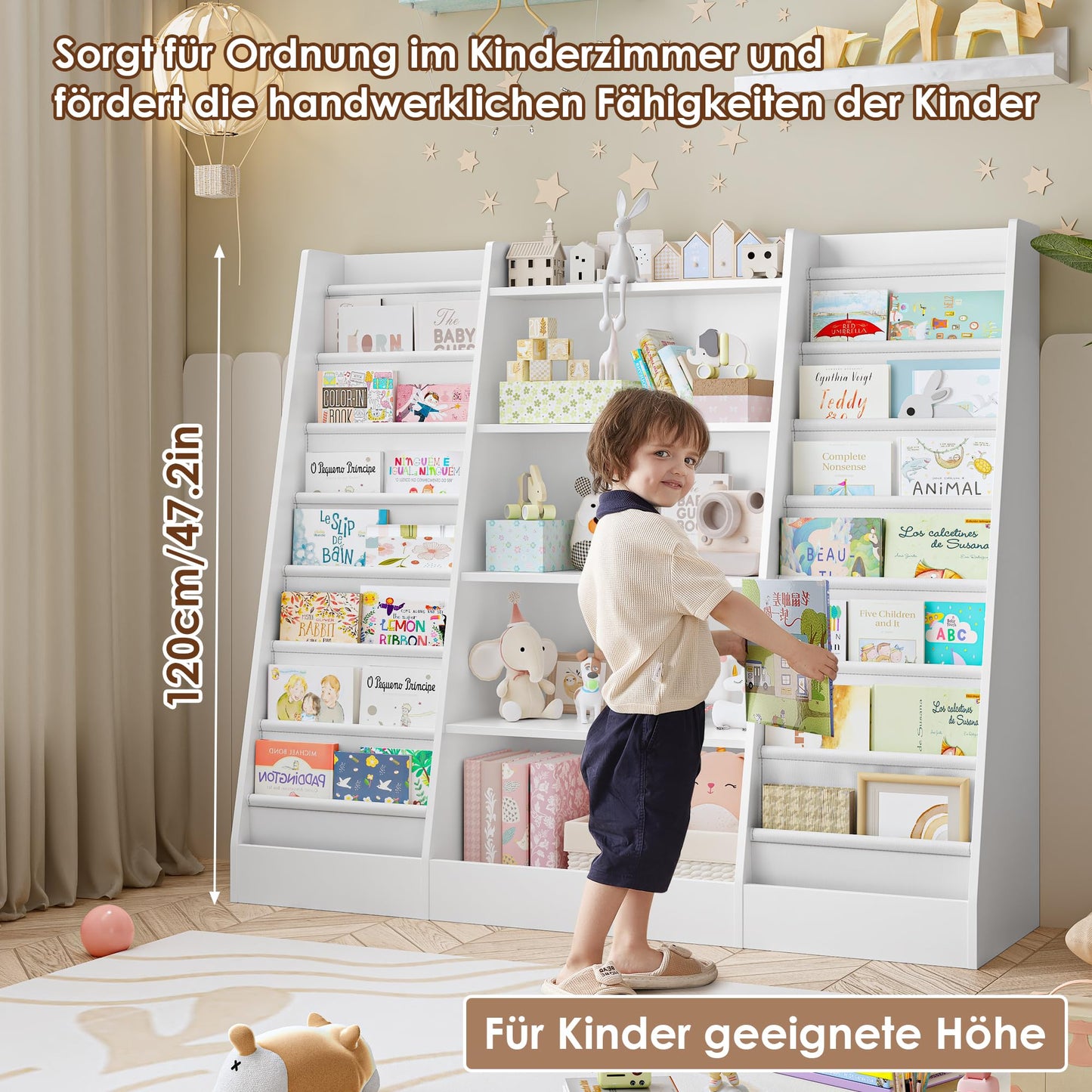 FOREHILL 129 cm Breite Kinderregal, Bücherregal für Kinder mit 14 Ablagen, Kinderzimmer Möbel aus Holz, Spielzeugregal, Regal für Kinderzimmer, Kindergarten, Leseecke, 129 x 120 x 35 cm (weiß)