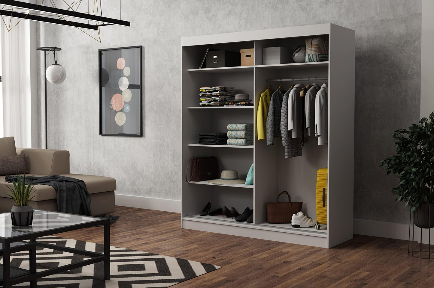 Brent - Kleiderschrank mit Spiegel Henry, 250cm Breit, Schlafzimmerschrank mit 1 Kleiderstange und Einlegeböden für Kleidung, Kleiderschrank Grau