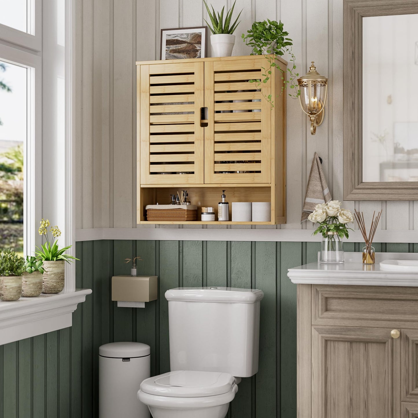 SMIBUY Bathroom Cabinet, Wall Mounted, Bamboo Over the Toilet Storage Organiser, Space Saving Medicine Cabinet with 2 Doors and Adjustable Shelves (Black)