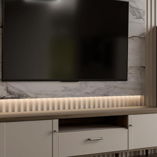 Forte Lacetti TV Cabinet 180, Modern Lowboard, Scandi Slats Design, 2 Doors, 1 Drawer, Wood Composite, Cashmere, Beige, Valencia Oak Wood Decor, 179.8 cm Wide x 53.3 cm High x 41.2 cm Deep