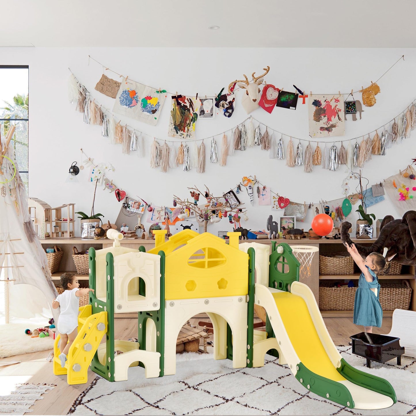 BestAlice 4 in 1 Kinderrutsche Set für Outdoor und Innen, Spielplatz mit Schaukel, Basketballkorb, Kletterleiter, Indoor- und Outdoor-Spielset, 18 Monate + (Blau)