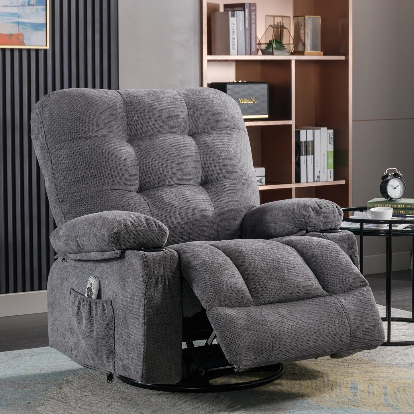 Bosmiller Relaxsessel mit Liegefunktion Massagesessel Oversize Fernsehsessel 360°Drehbarer Liegesessel Heizung Verstellbar Sessel Stoff