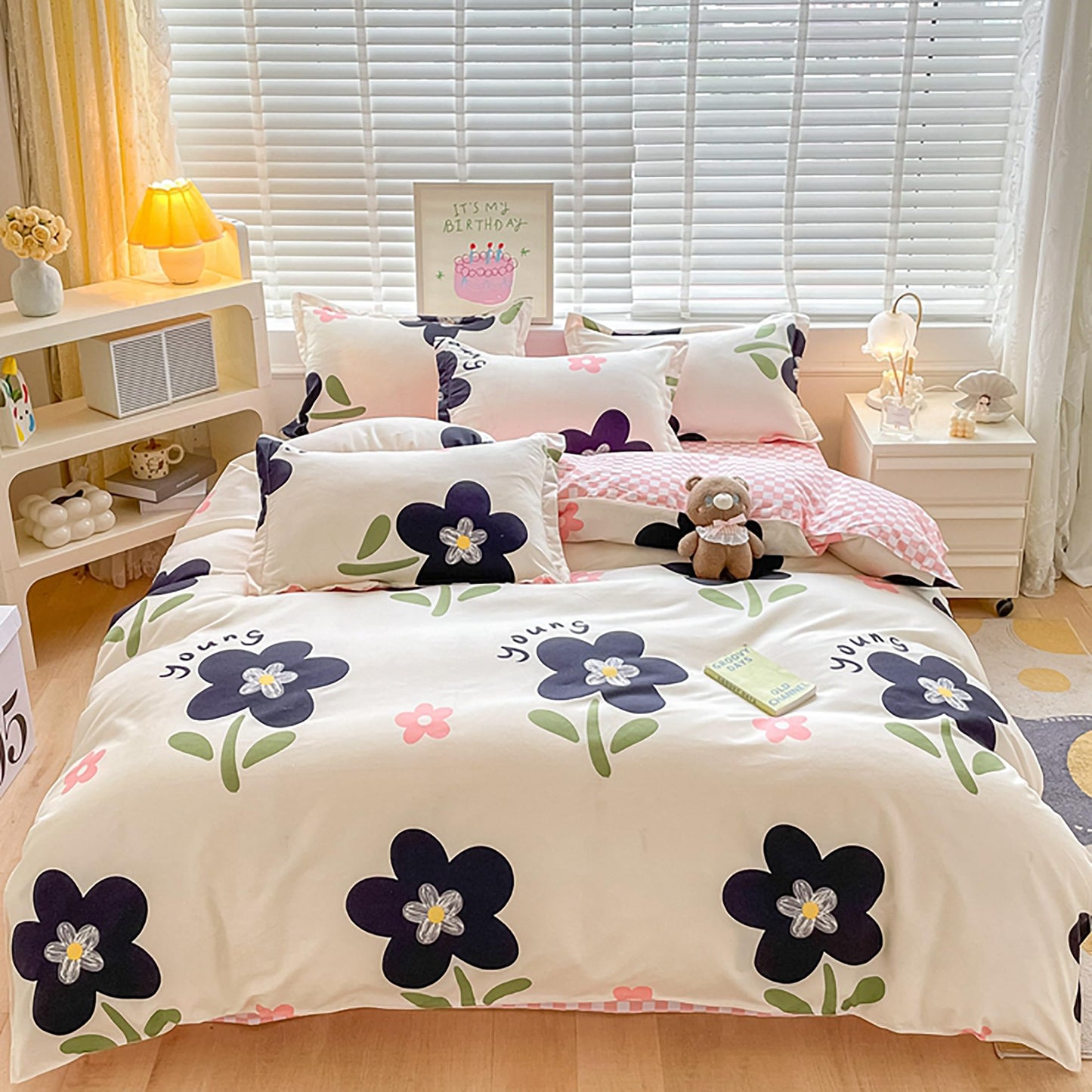 GETIYA Cartoon Hearts Bed Linen, 135 x 200 cm, Girls'/Women’s/Children’s Bed Linen, Pink Hearts Pattern, Duvet Cover, Microfibre, Duvet Cover, Light Pink, with Zip and Pillowcase, 80 x 80 cm