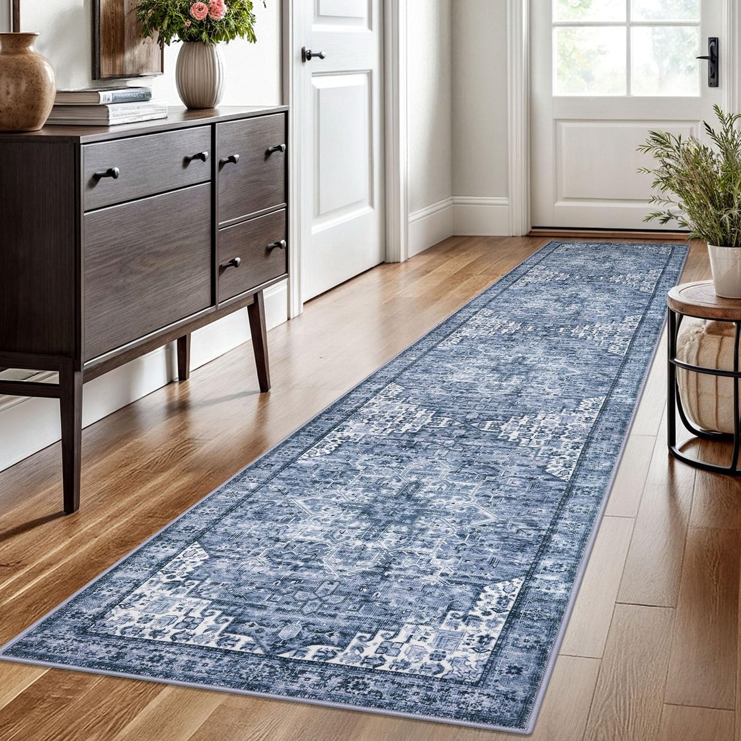 2x3 Blue Washable Rug for Entrance, Soft Traditional Area Rug, Non-Slip Printed Kitchen Rugs, Low-Pile Medallion Indoor Door Mat, Small Farmhouse Carpet for Entryway Kitchen Foyer Bedside