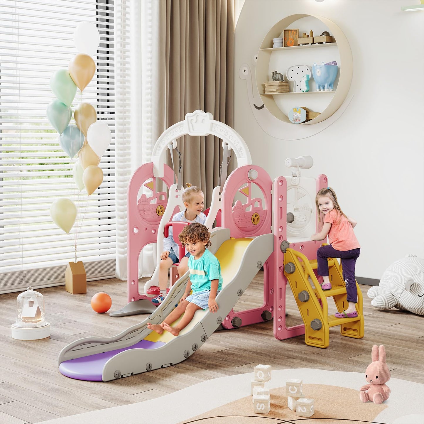 Kinderrutsche, Babyschaukel, 4 in 1, mit Schaukeln, Treppen, Gleiten, Basketballgestellen, Spielplatz für drinnen und draußen, multifunktionale Rutsche (Rosa, Kaninchen)