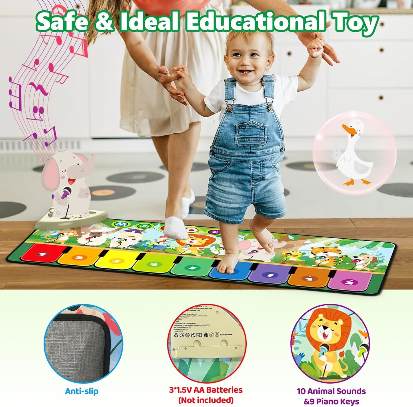 Rodzon 63301 Baby Spielzeug ab 1 Jahr, Musikmatte Kinder 19 Liedern 10 Tieren, Kinderspielzeug ab 1 2 3 Jahre Klaviermatte Geschenk Mädchen Junge Weihnachts Geburtstag